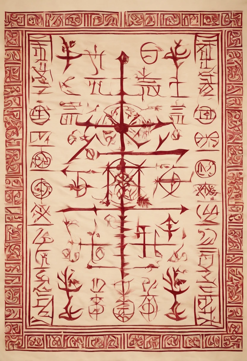 word "auzov' written as sinister nordic runes, dark red ink on old white cloth