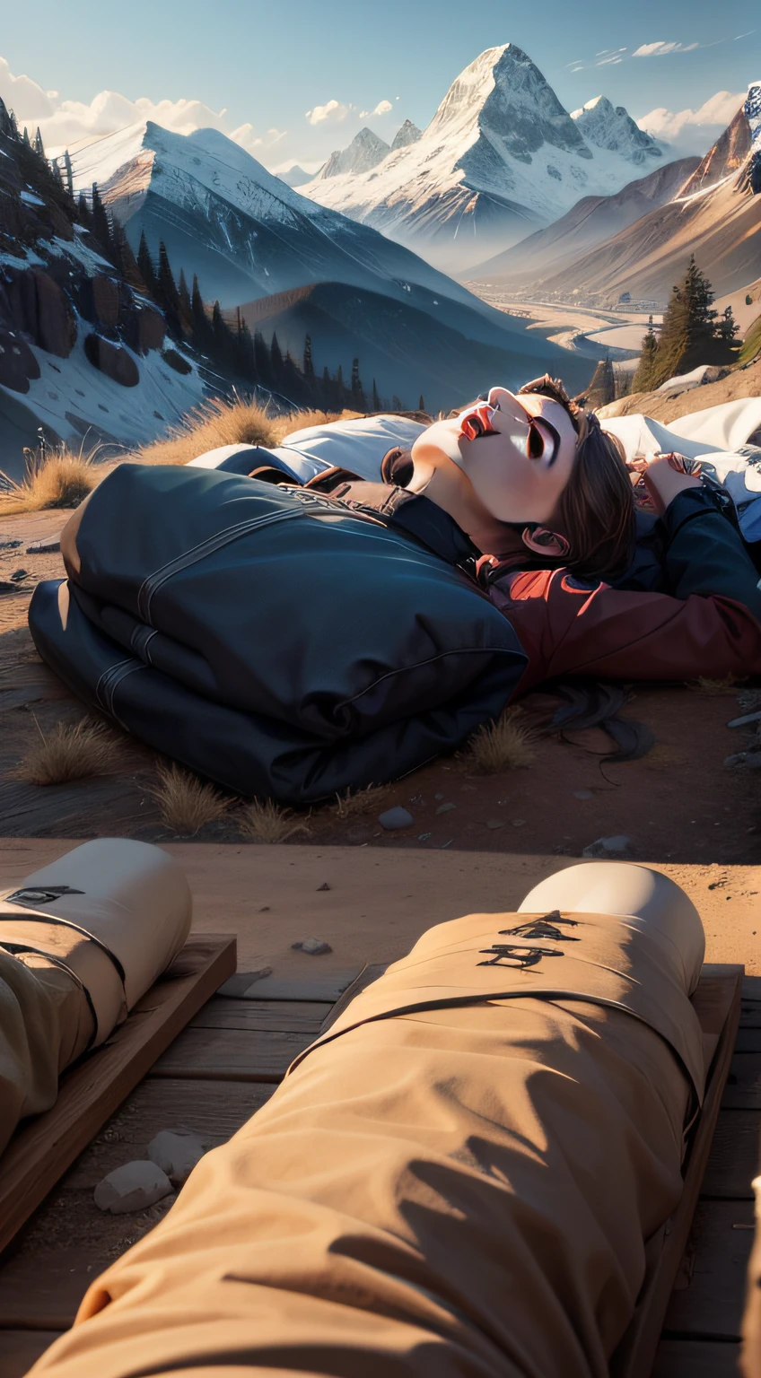five dead bodies, laying down, mountains, realistic