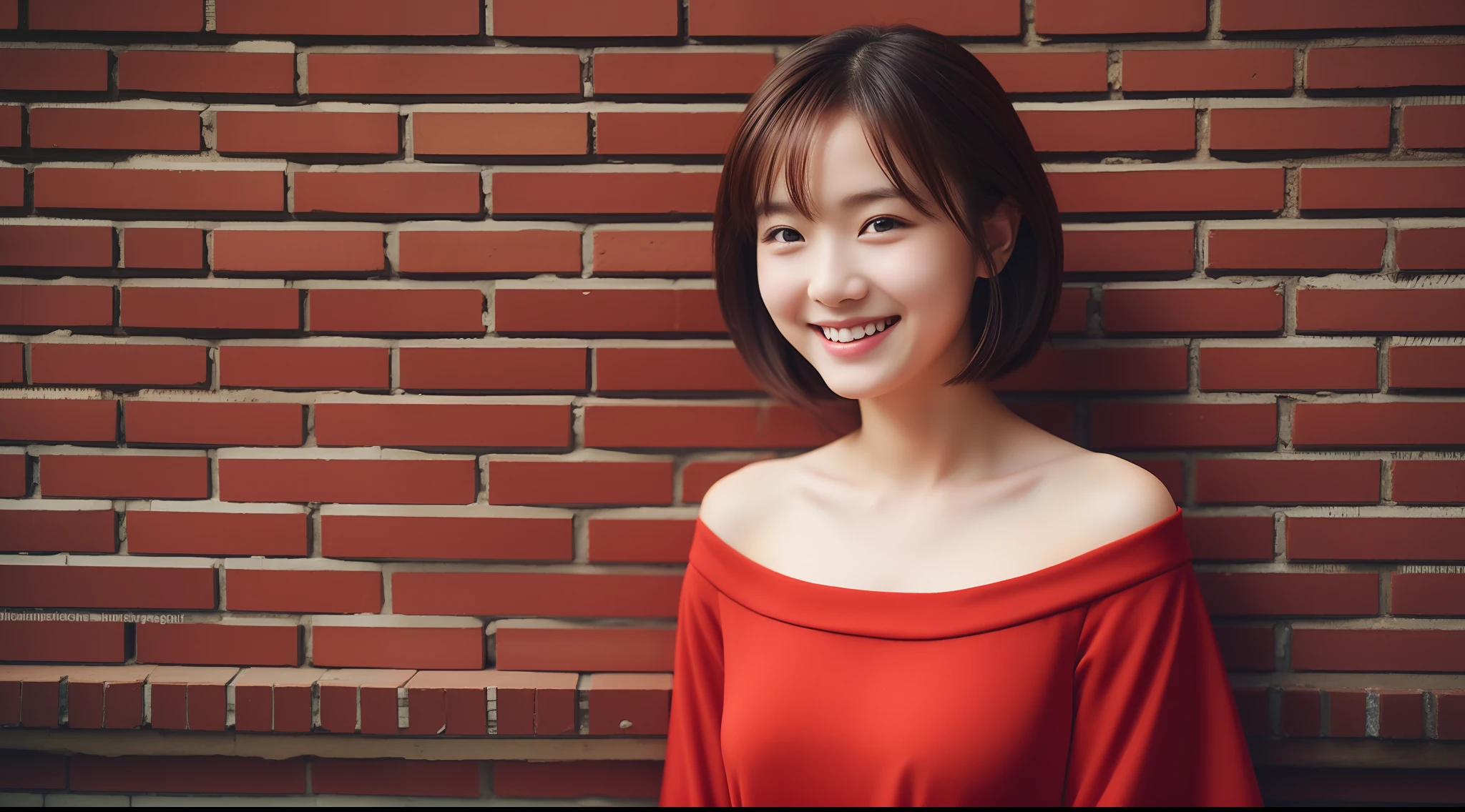 girl with, 独奏, A smile, wearing red dress, Brick wall background, top-quality, masterpiece, Realistic, ultra-detailliert, natural soft light