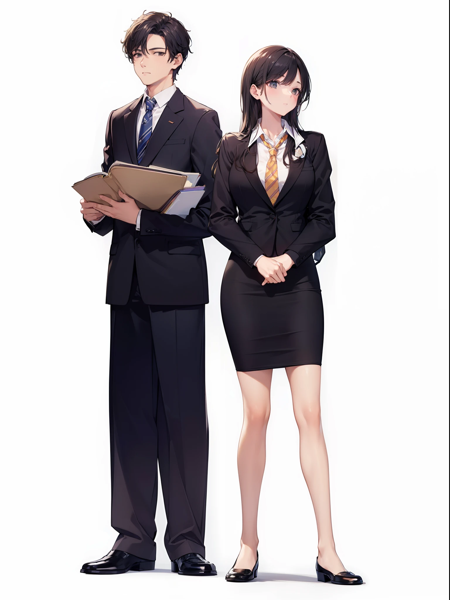 (masterpiece:1.5),(bestquality),highlydetailed,ultra-detailed,light, formal attire, (boy), (girl), (standing), professional office setting, (jacket), (necktie), (suit), (office lady), (pencil skirt), (skirt)