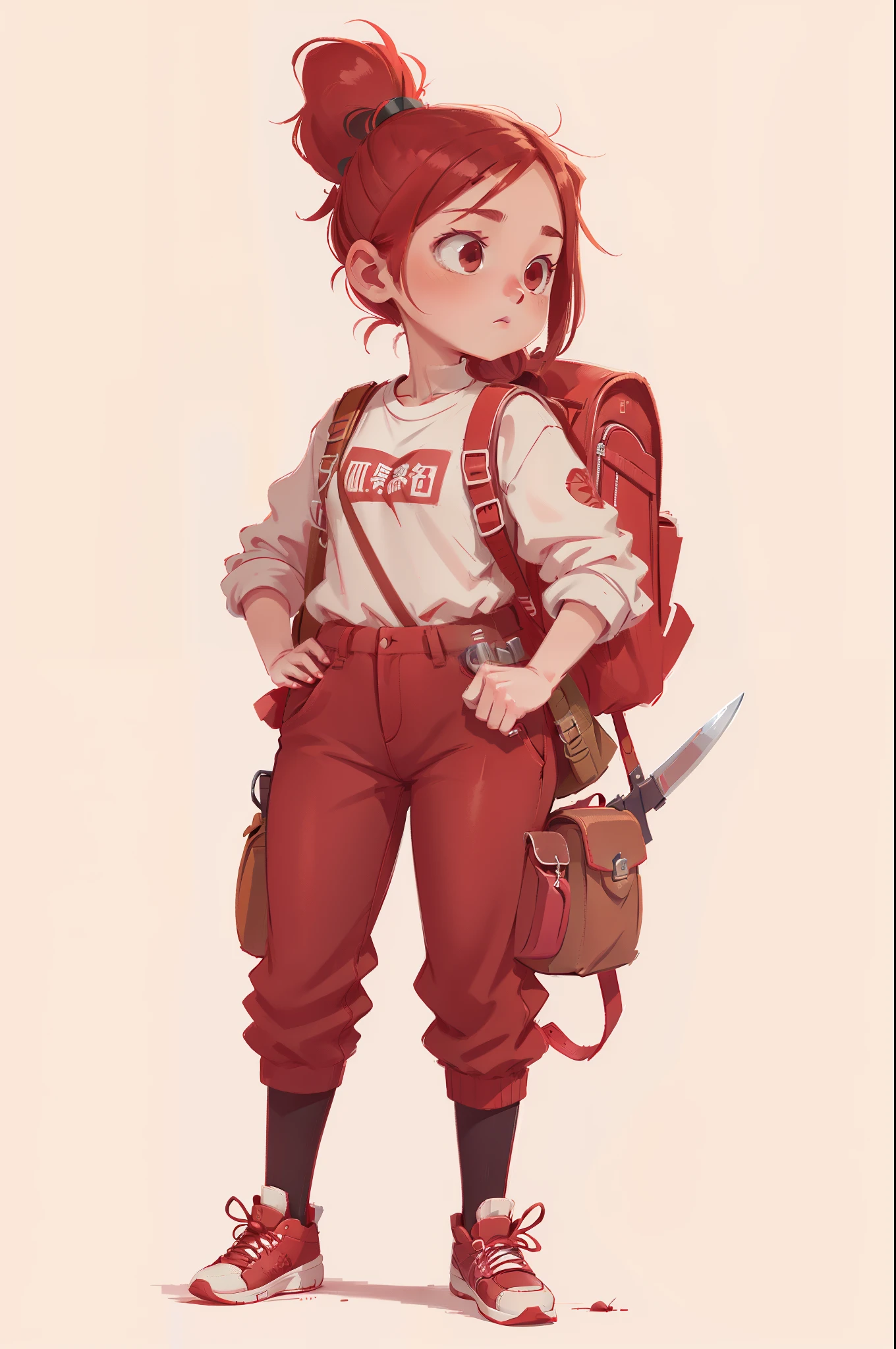 Feminine Character with red color scheme,  adult, interesting outfit, carrying old full backpack, mid length hair ponytail, with a small weapon tied to pants