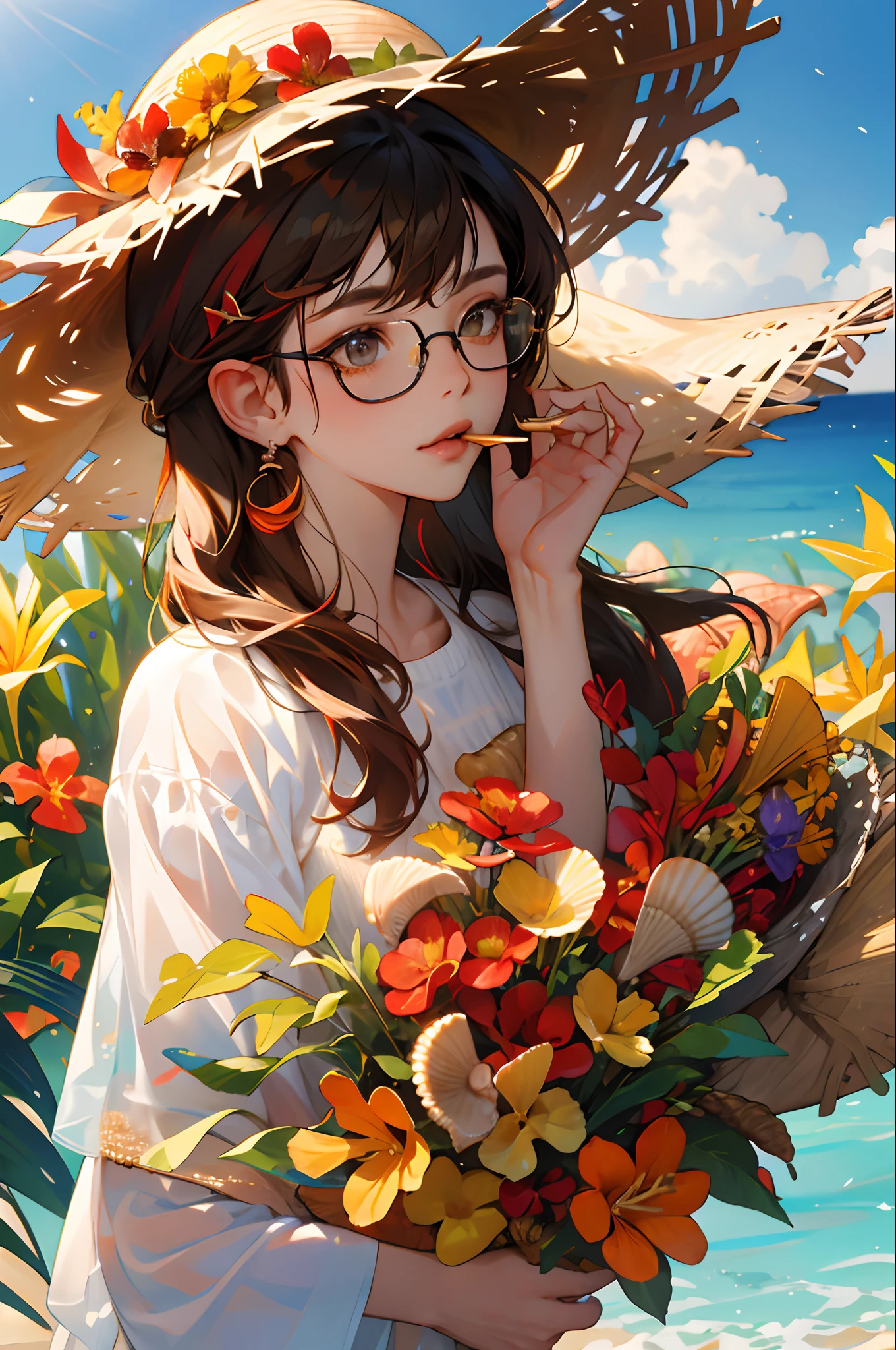 absurdres, highres, ultra detailed, 1girl, solo, extremely detailed eyes, starfish, seashell, shell, flower, hat, hair ornament, jewelry, straw hat, looking at viewer, sunglasses, hat flower, drinking straw, hairclip, earrings, red flower, tinted eyewear, yellow flower, bangs, english text, multicolored hair, orange flower, black hair, ring, cup, long hair, orange-tinted eyewear, food, brown hair, portrait, shell hair ornament