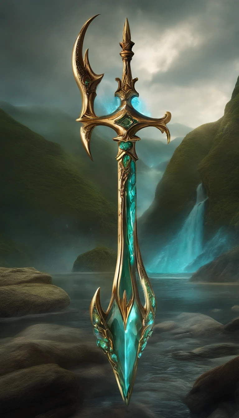 trident，Legendary weapon，water elemental，well decorated,Close-up at medium range