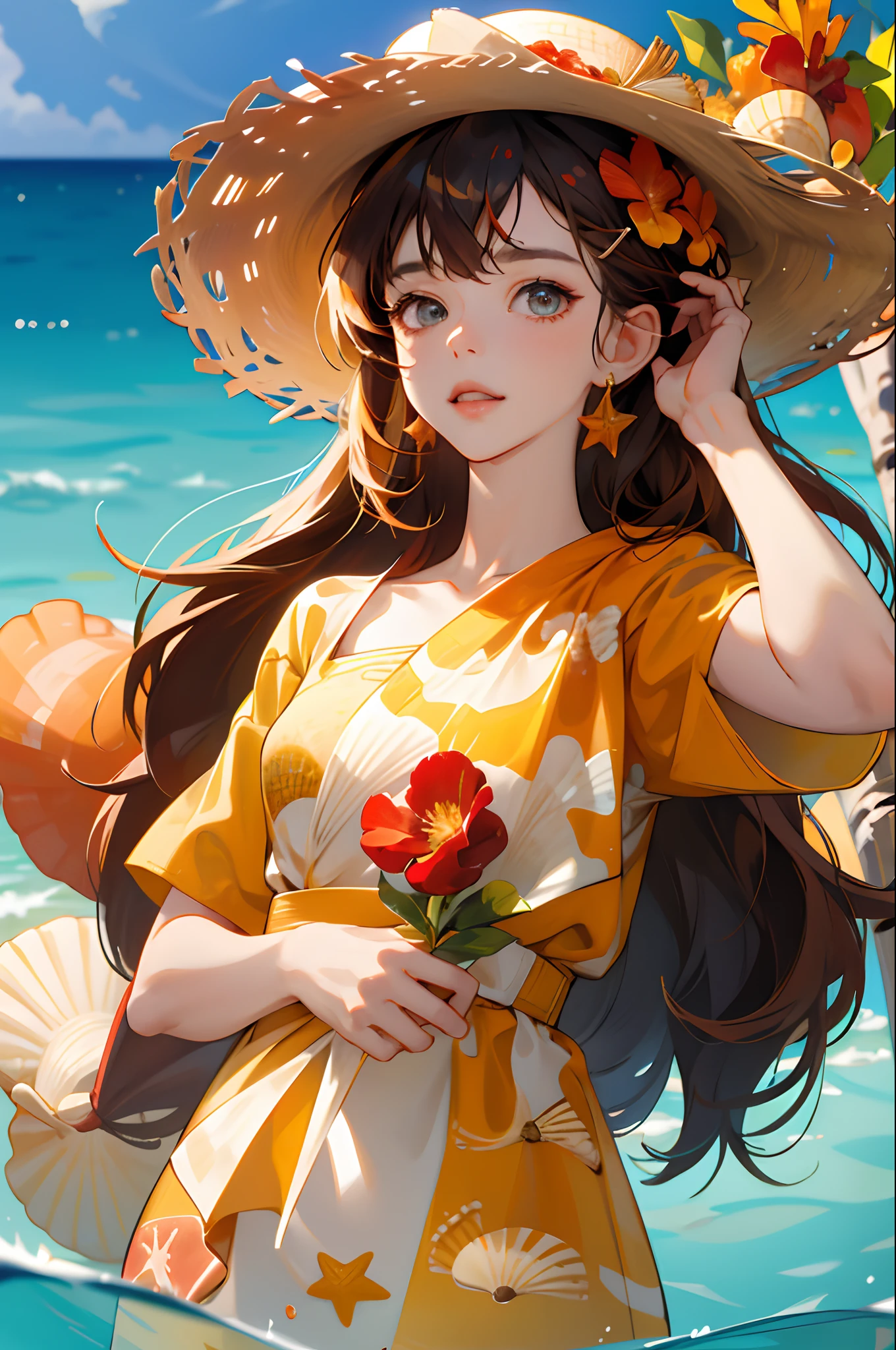 absurdres, highres, ultra detailed, 1girl, solo, extremely detailed eyes, starfish, seashell, shell, flower, hat, hair ornament, jewelry, straw hat, looking at viewer, sunglasses, hat flower, drinking straw, hairclip, earrings, red flower, tinted eyewear, yellow flower, bangs, english text, multicolored hair, orange flower, black hair, ring, cup, long hair, orange-tinted eyewear, food, brown hair, portrait, shell hair ornament