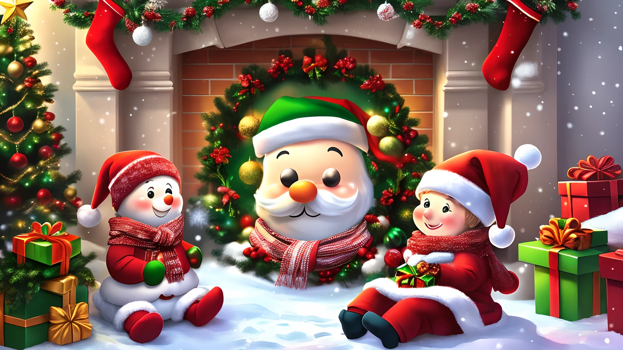 (Masterpiece, high resolution, cartoon style: 1.4), (Merry Christmas: 1.2), cheerful atmosphere, footprints on the snow, cute children playing, snowball fights, snowmen, carnival-like atmosphere, ice and snow scenery, white snowflakes adorn the whole sky, exquisite Christmas trees, colorful decorations and sparkling lights, red, green and gold gift boxes, Christmas socks hanging on the fireplace, candy canes, warm family gatherings, traditional Santa Claus and his reindeer, happy smiles, winter magic, extreme close-ups, warm and harmonious cartoon style, present a perfect Christmas. Art --auto --s2