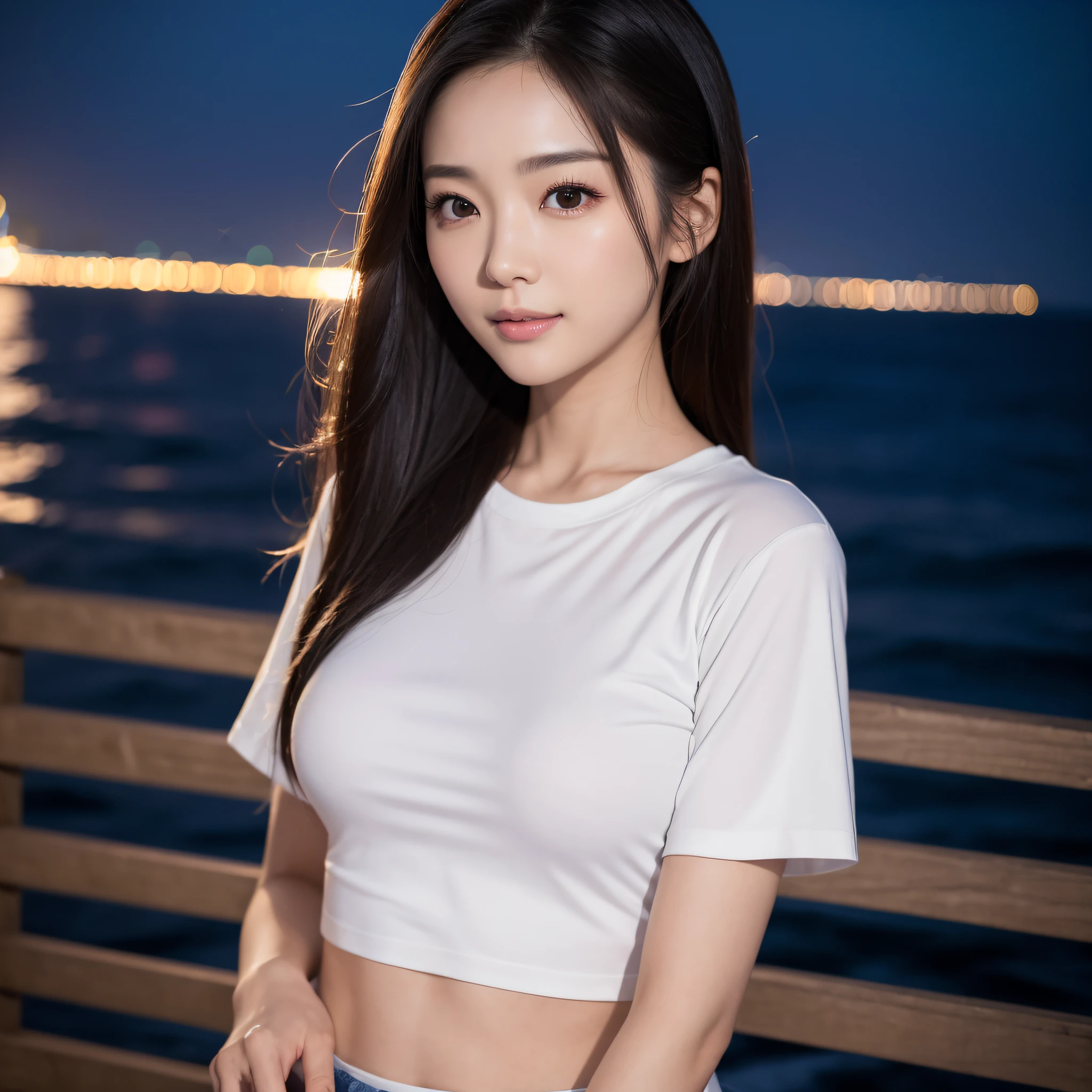 One lady、((best qualtiy、8k masterpieces:1.3))、foco nítido:1.2、(ultra beautiful faces:1.0)、(shinny skin:1.0)、photos realistic、A dark-haired、Video Lighting、High-definition eyes and face、Video Lighting、(Korean Cute Actress)、from the front side、medium breasts、(ssmile:1.2)、Slender Abs Beauty、Whole body、wearing t-shirts、On the coast at night