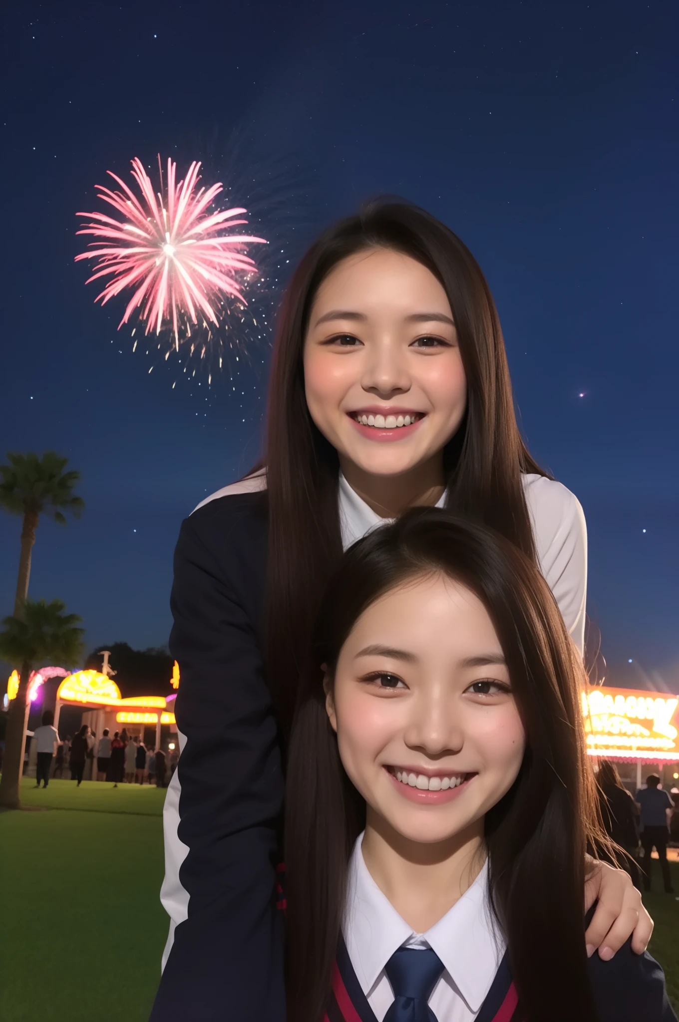 A smile、hi-school girl、校服、shortsleeves、An amusement park、While doing fireworks、starrysky、Aurora