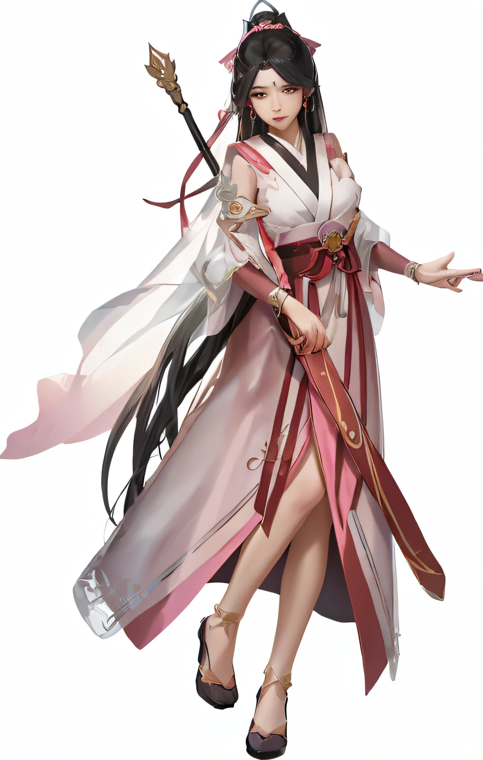 A woman in a pink dress holds a bow and a bow, Onmyoji detailed art, full-body xianxia, G Liulian art style, beautiful full-body concept art, inspired by Ju Lian, Kushatt Krenz Key Art Women, Inspired by Lan Ying, Inspired by Cao Zhibai, detailed full body concept art, Pixiv style,Zixia