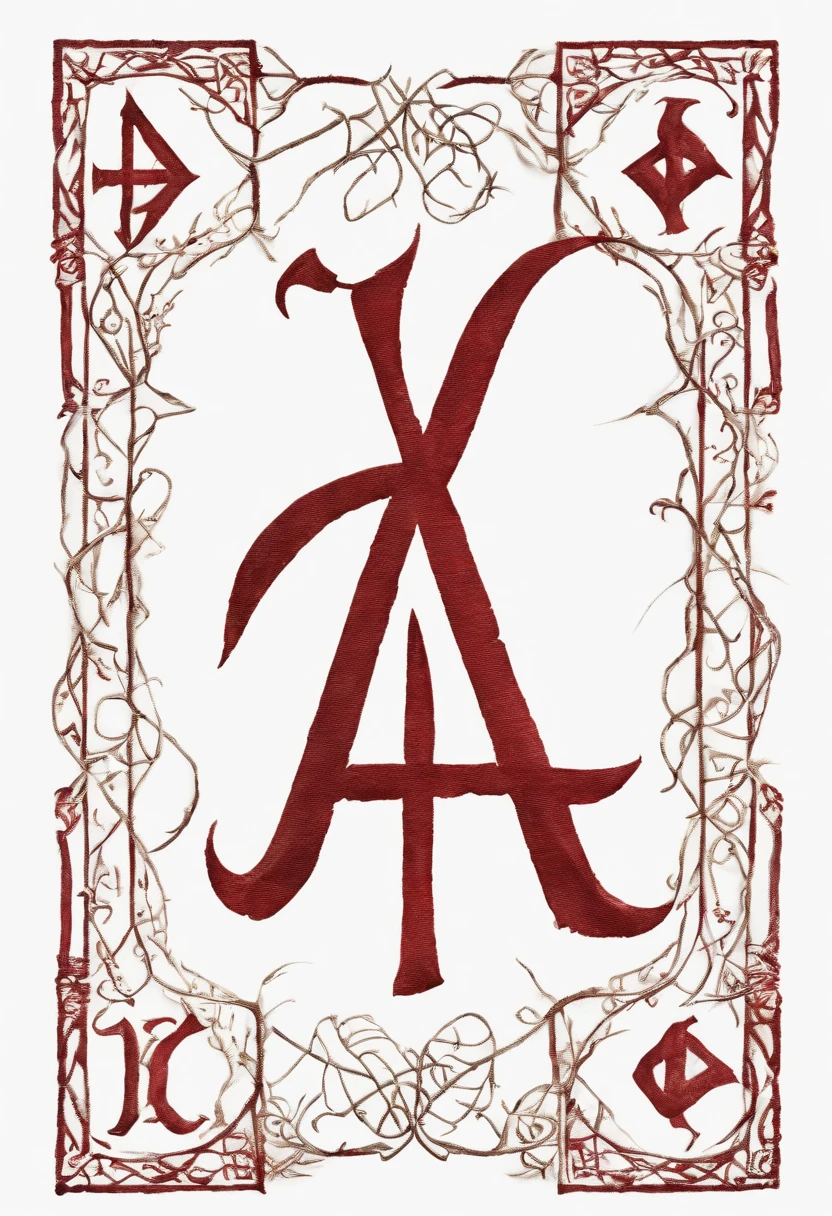 letters A, U, Z, O, V written on a white cloth, styled as sinister runes, nordic runes, written in dark red ink