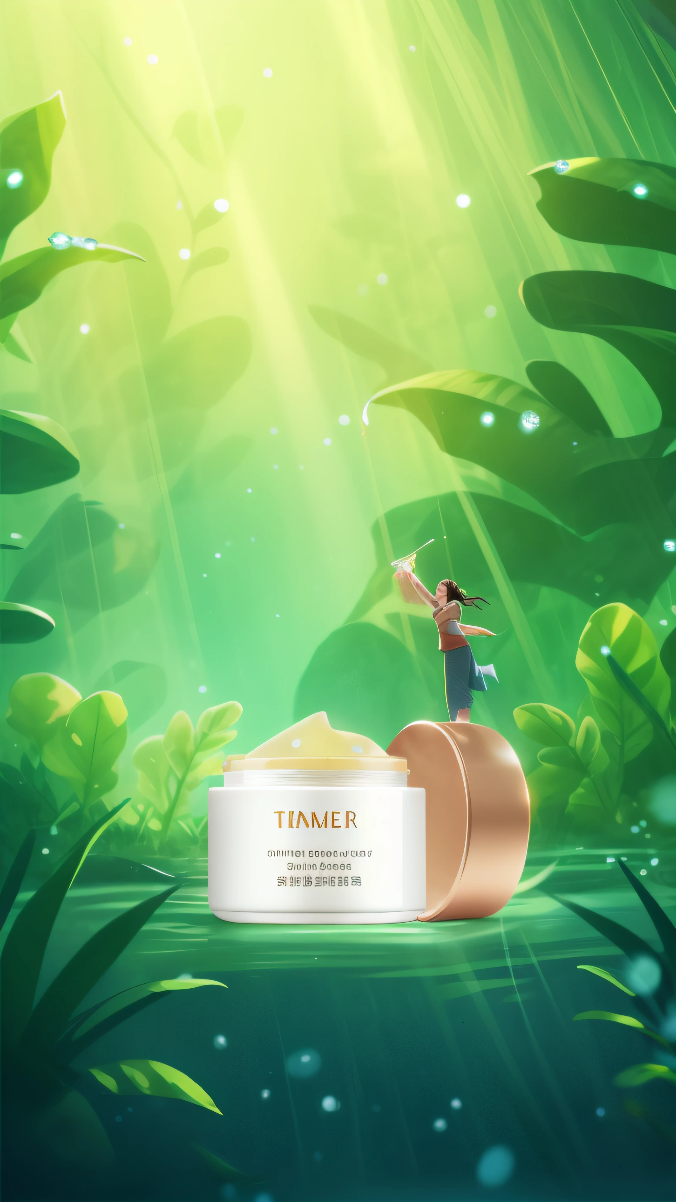 There was a woman standing on a rock in the middle of the forest, by Yang J, trending on cgstation, Inspired by Xiao Yuncong, author:Yao Tingmei, high quality topical render, inspired by Yao Tingmei, A beautiful artwork illustration, Commercial illustration, Inspired by Tang Yifen, photoshoot for skincare brand, animation style render, stunning digital illustration