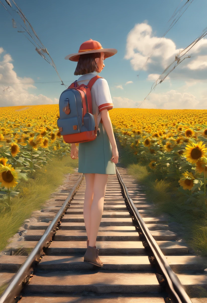 A girl with double braids,(boot),(A train traveling on the tracks),(Train full of sunflowers) moutains, grassy fields, Blue sky and white cloud background, and the sun was shining brightly, Cartoony, 3 d model, OC renderer, surrealism, hyper photorealism, 8K, Award-Awarded, Best quality, High quality, hyper HD, Super detail, A high resolution