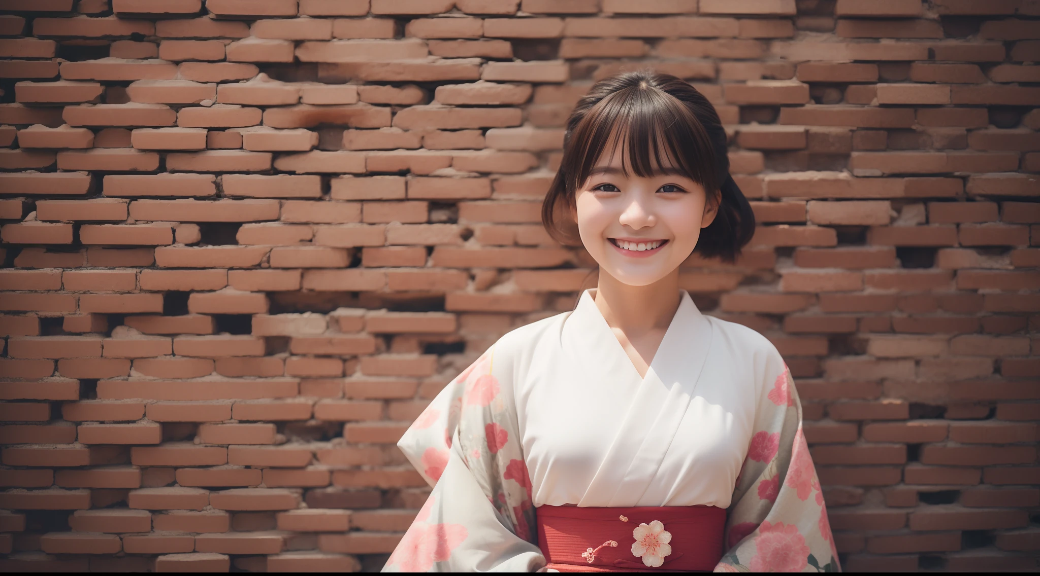 girl with, 独奏, A smile, Wearing a Japan kimono, Brick wall background, top-quality, masterpiece, Realistic, ultra-detailliert, natural soft light
