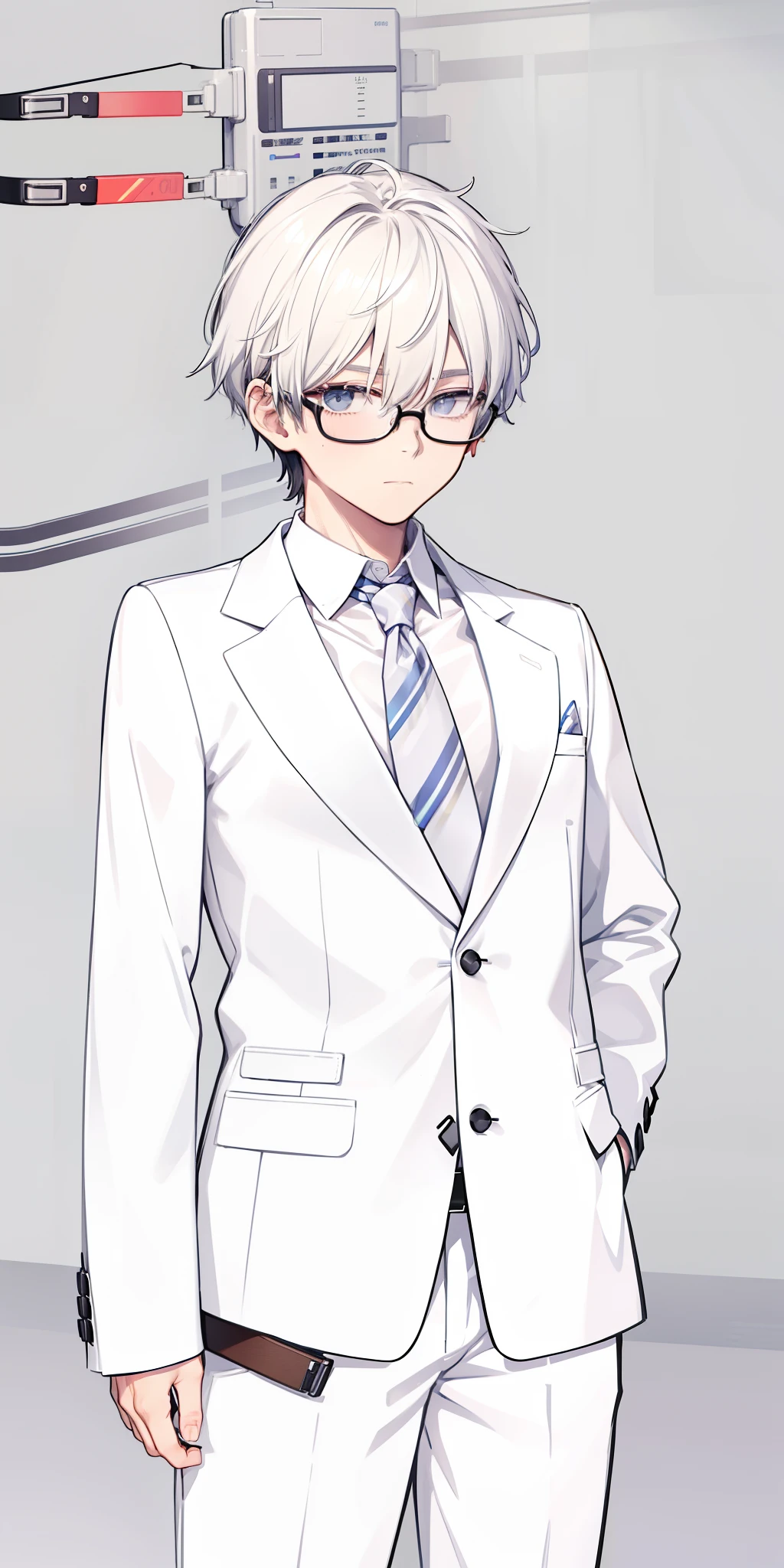1boy, belt, black-framed eyewear, collared shirt, cowboy shot, formal, glasses, gradient, gradient background, grey background, jacket, long sleeves, male focus, necktie, pants, realistic, round eyewear, shirt, solo, standing, suit, white shirt