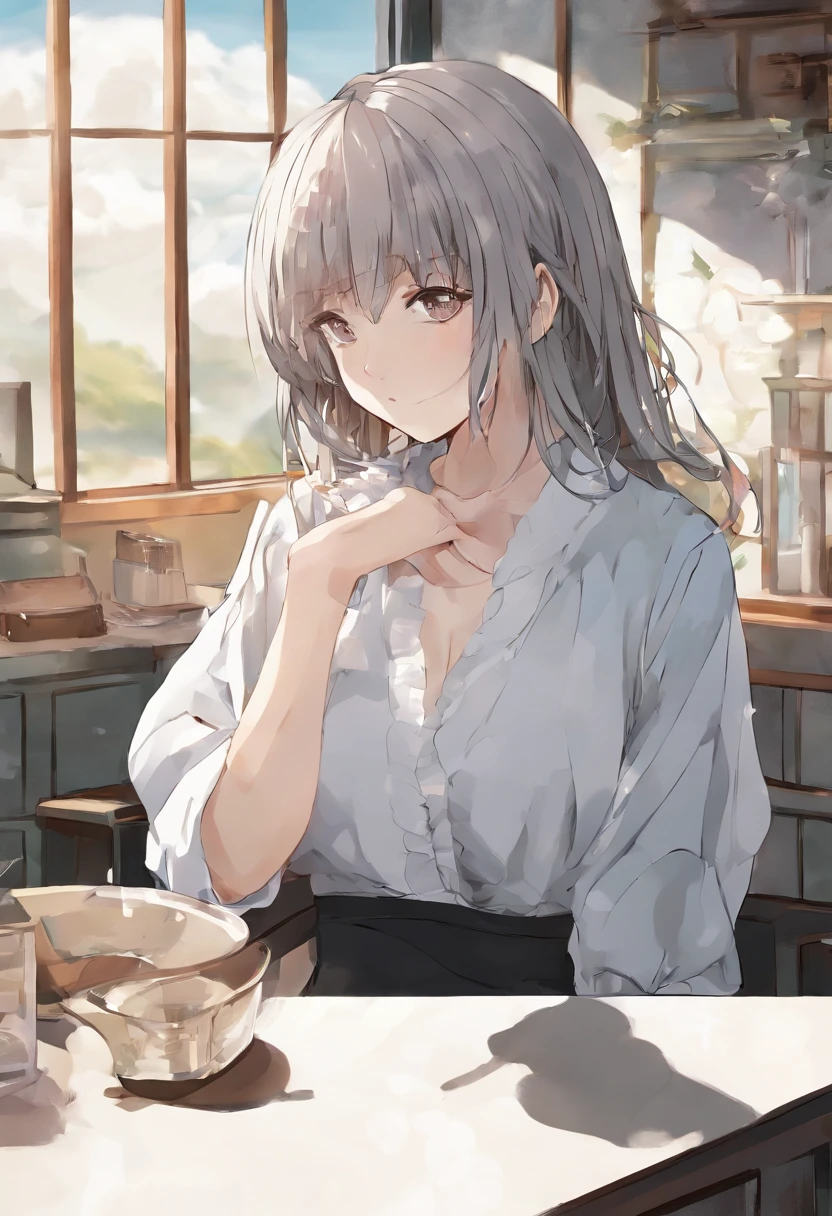 a girl, Breast placed on table, pressing her breast, sweaty and cloudy breast, breast crush, cloudy breath, Looming breast, musty and smelly,