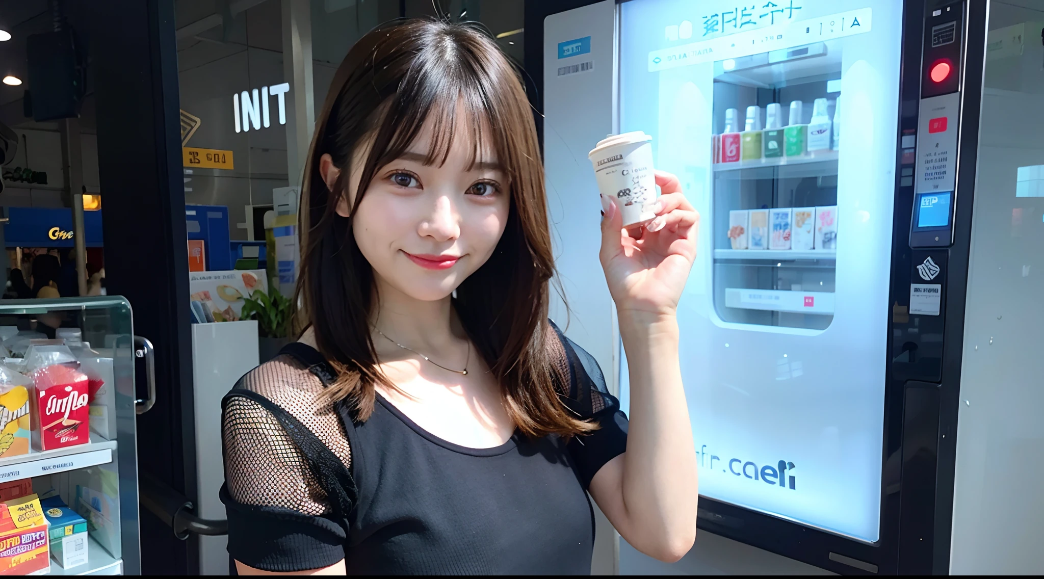 There are women holding coffee cups all over the city,Boyish woman 小柄 Huge summer clothes