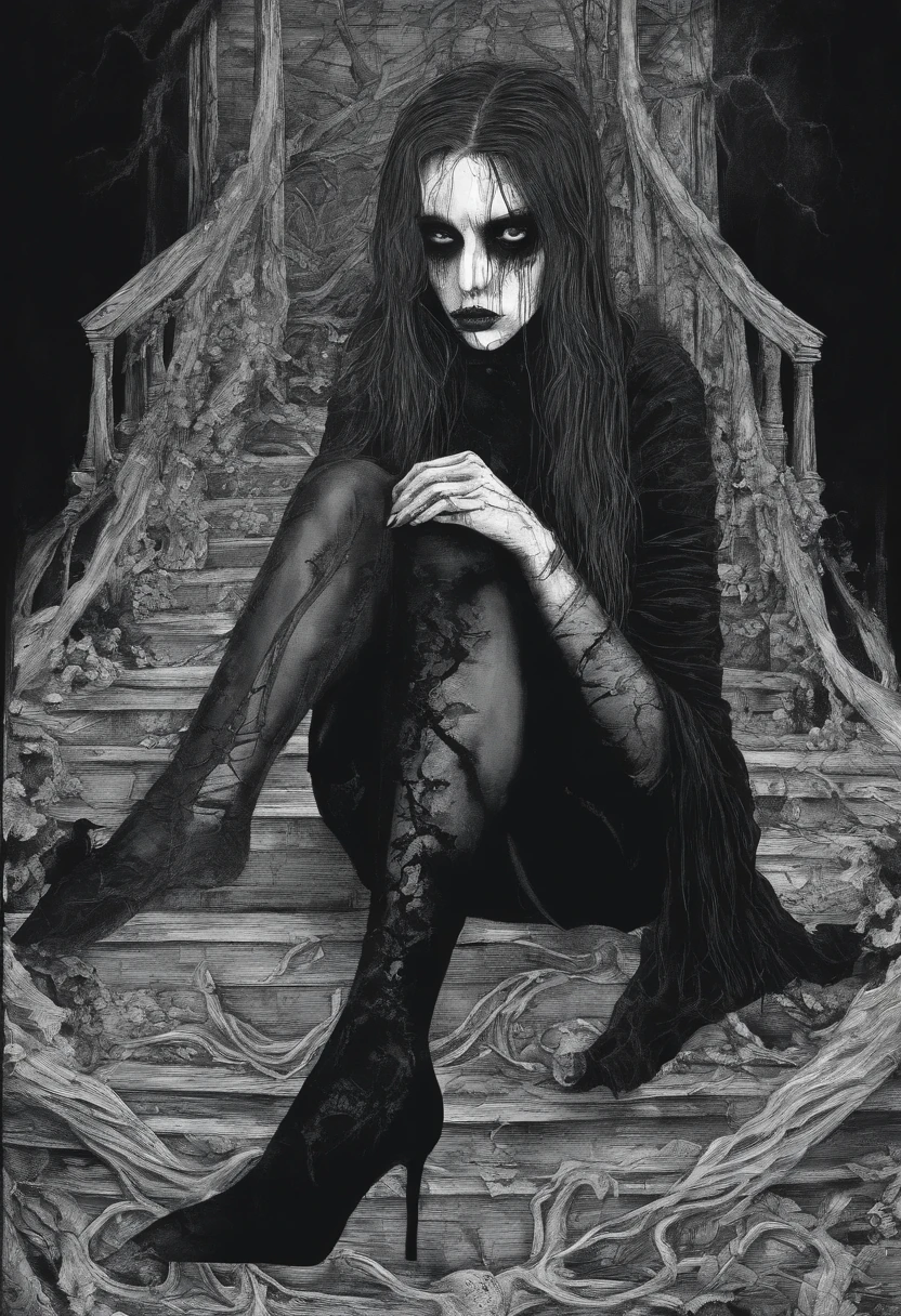 A frightened girl in black stockings