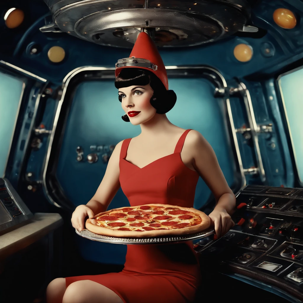 best quality, master part, ultrahigh-resolution, (fotografia realista:1.4), woman with a pizza on her head smiling, holding a chair in her hand, ((corpo inteiro)), Rosto lindo, Rosto perfeito, Louise Brooks,  50's science fiction pinup style, retro science fiction film, sci-fi movie, inside a space station, scenecy, inside a space station, panel with retro technology, luzes e computador antigo, cinematic picture, 50's film lighting