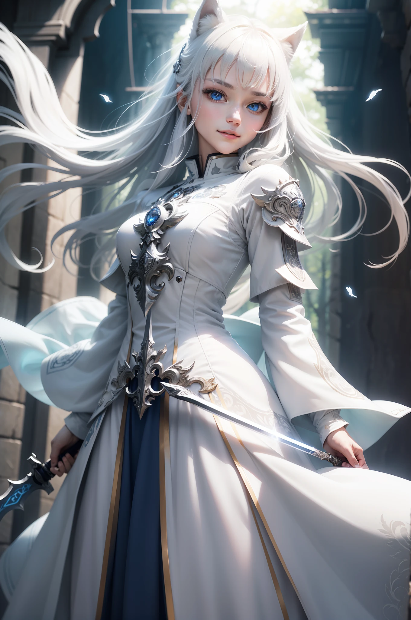 Bright and refreshing space、White is the key.、Smiling kindly、peaceful、Tiere、Not a person、unmanned、in woods、White Wolf、cyborgs、Metal Wolf、Have a beautiful sword、Shining blue eyes、１bolt、(intricate-detail)、nffsw、(intricate-detail、ultra-detailliert:1.2)、Cinematic shots、vignettes、central,、top grade、Eyes are clear、The sword shines
