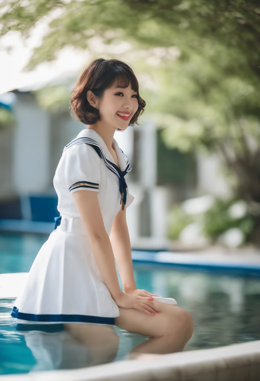 Japan beautiful girl with short hair is smiling by the pool in sailor suit