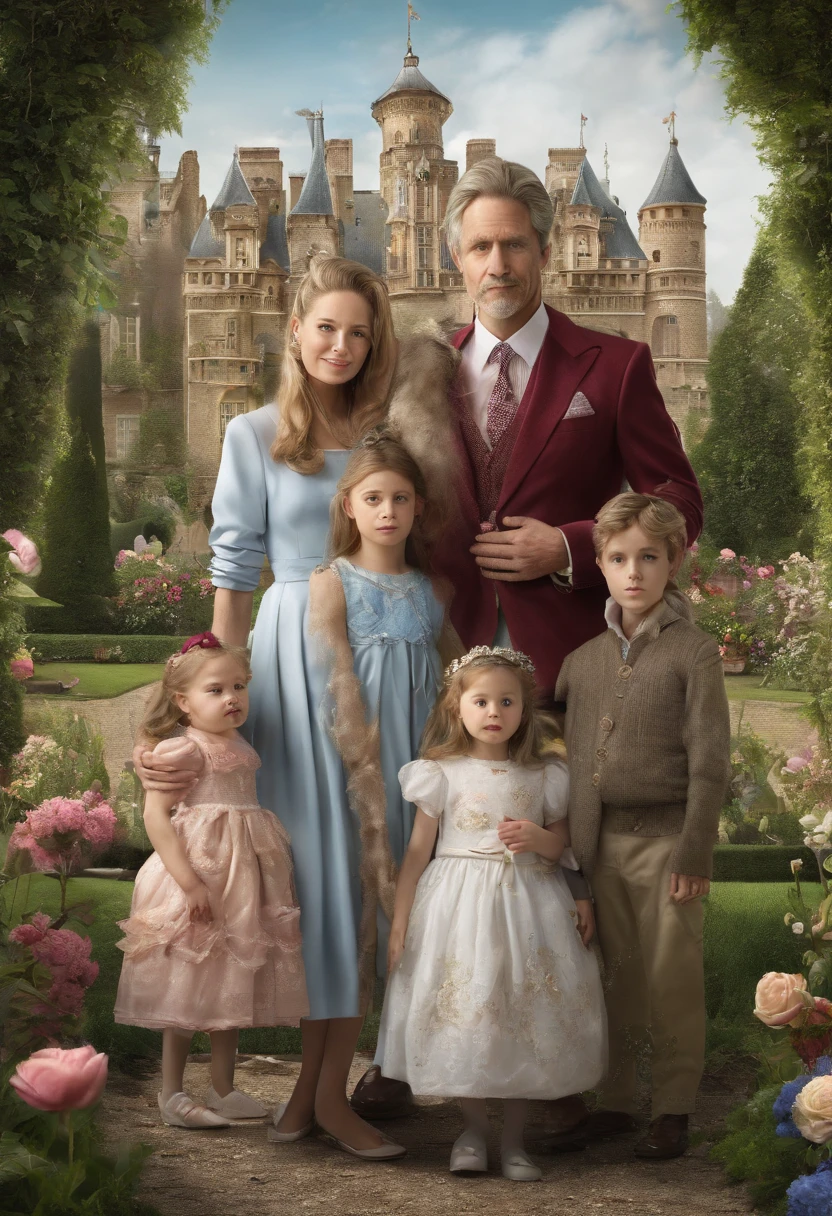 royal family with mother, father, two little princess and a prince in a garden WITH LOTS OF FLOWERS, intricate details, HDR, beautifully shot, realistic, sharp focus, 64 megapixels, perfect composition, high contrast, cinematic,