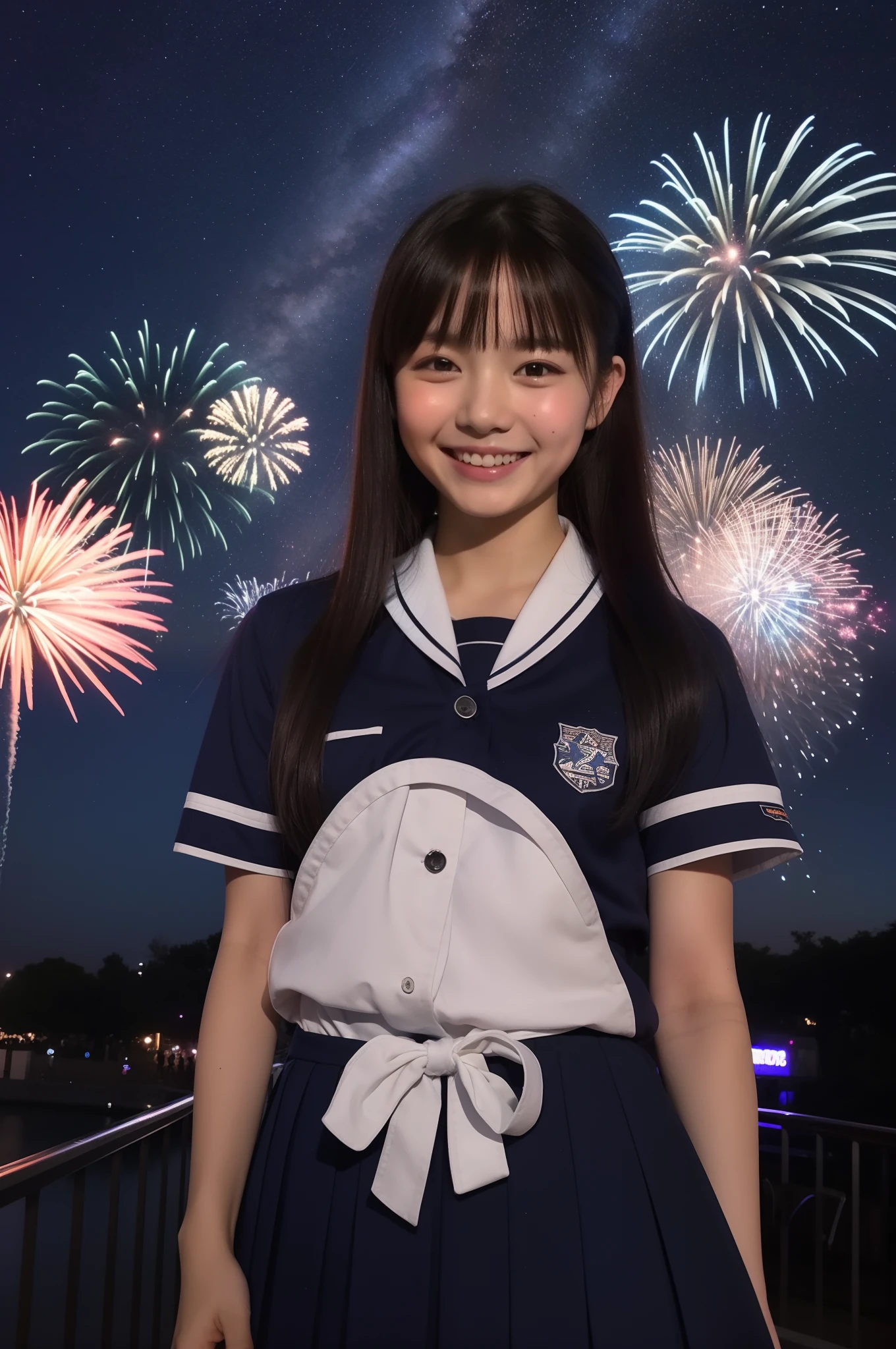 A smile、hi-school girl、校服、shortsleeves、An amusement park、While doing fireworks、starrysky、Aurora