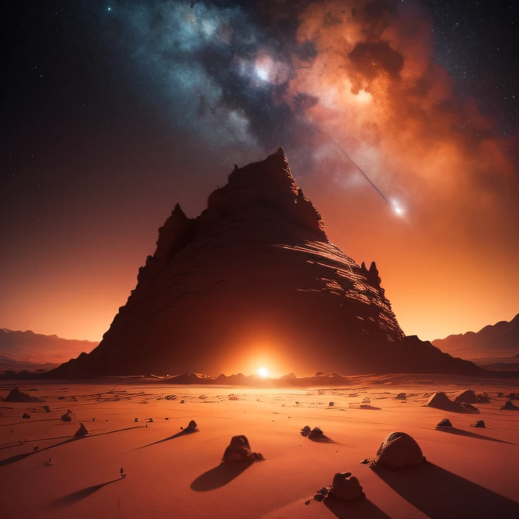 Alien base (Very detailed) In the mountainous desert there are several exhaust fans and chimneys, Some spotlights come out of the base to illuminate dark places, (Extreme nights), Some clouds in the night sky, Some of the surrounding planets give air to unknown planets，The farthest giant volcano is erupting
