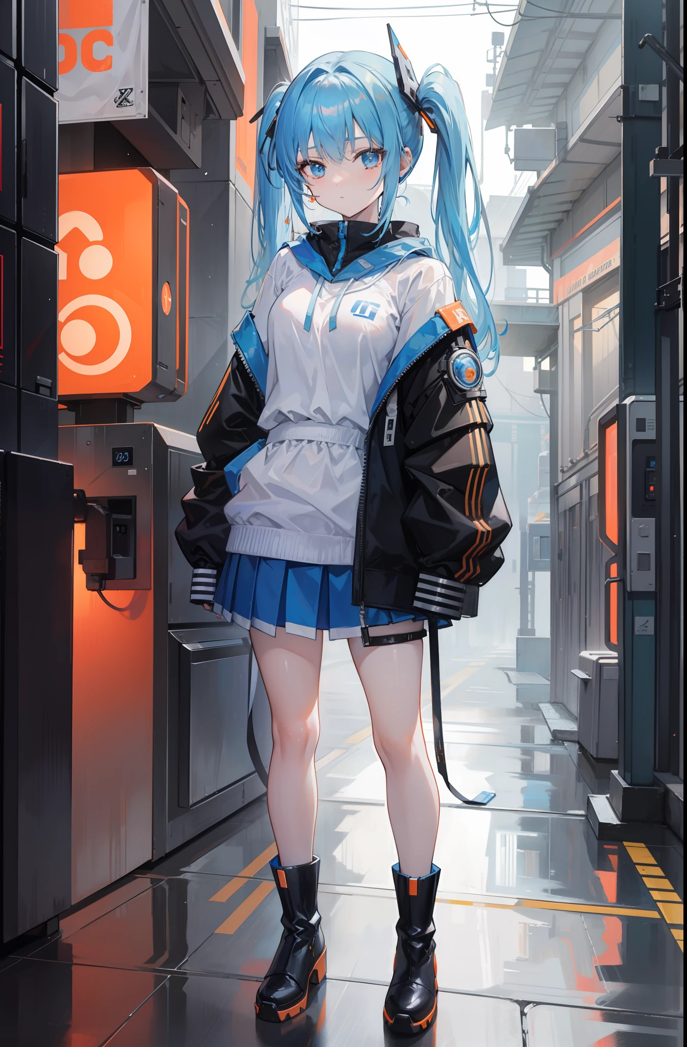 ​masterpiece，8K，超A high resolution，Detailed description，Smooth depiction，Accurate rendering，thirds rule，Light blue twin tails，Round hair fastening，skin whitening，12-year-old Western-style beautiful girl in anime style，Wearing a cyberpunk style uniform，orange colors，Metallic boots，Overhead scenery，Full body depiction，Splash Art Style，