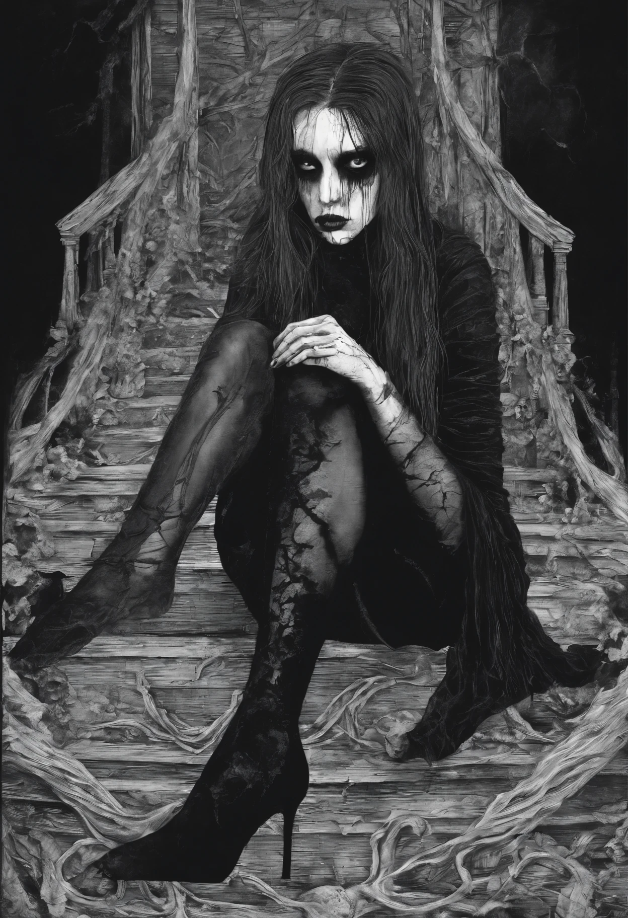 A frightened girl in black stockings