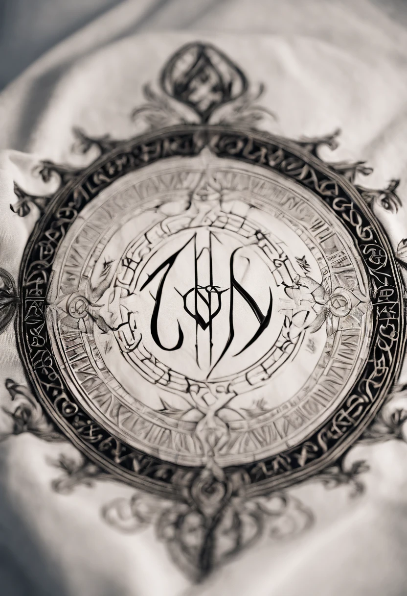 letters A, U, Z, O, V written on a white cloth, styled as sinister runes, magical runes, blueprint style