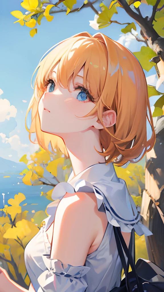 (masterpiece)、8k,4k,Woman looking up、Clean face、Gentle expression、Looking up, you can see a ginkgo branch、(Front angle)、(fromabove)