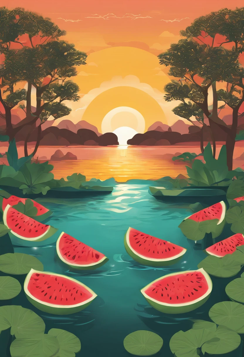 Flat illustration style，The solar term rises on the summer solstice，There is knowledge on the tree，suns，lotuses，water melon，Business posters