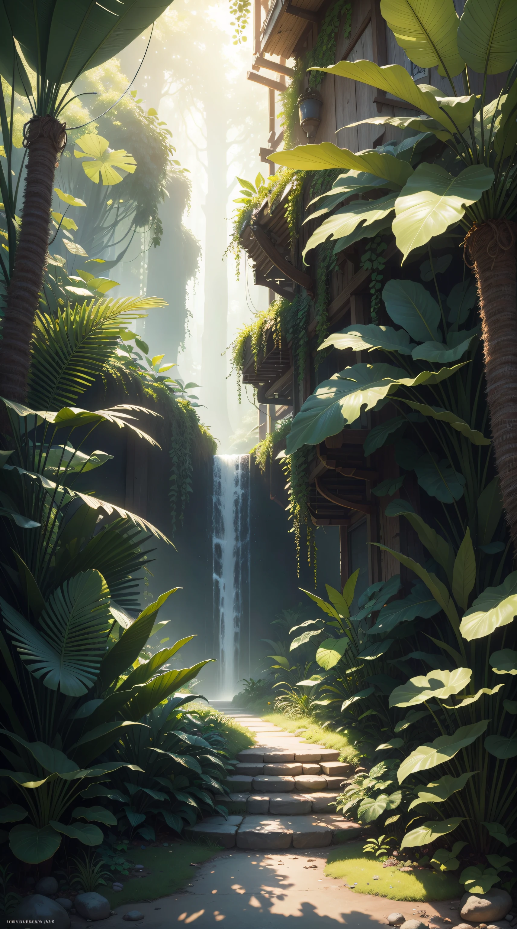 (best quality,4k,highres,masterpiece:1.2),ultra-detailed,(realistic:1.37),digital illustration, detailed and intricate, lush jungle filled with exotic plants and animals, sunlight filtering through the canopy creating dappled effects, Hayao Miyazaki and Yoshitaka Amano style, proportionate and precise, popular on art platforms, award-winning, vibrant colors, stunning lighting, realistic rendering, detailed and complex composition, 4K rendering