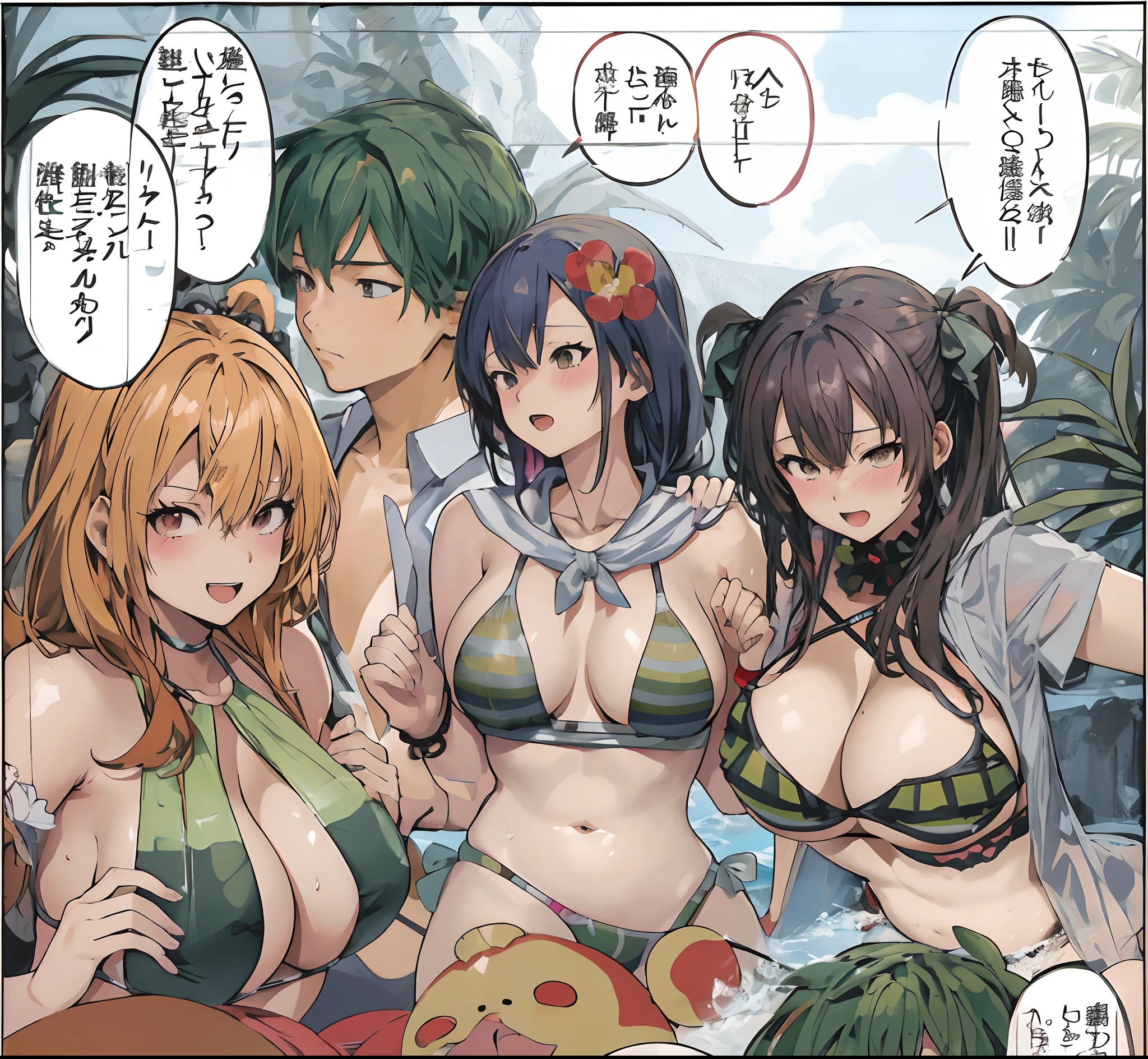 Cartoon photo of a group of girls in bikinis and bikini suits, Ecchi, oppai, fantrome, Ecchi style, Ecchi anime style, ikki tousen, Kantai Collection Style, hi - res scan, high - resolution scan, zerochan, coloured manga scan, colored manga panel, full color manga visual style, pixiv