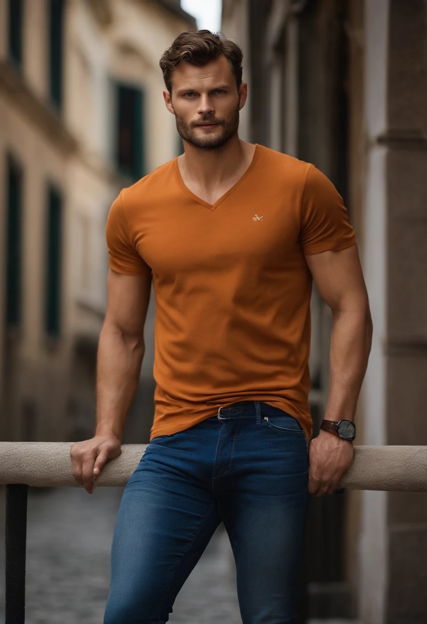 (Mann T-Shirt), ), (Bart tragen,) Attractive and serious appearance, braunes Haar, Stilvoll und elegant, shaved and strong body T-shirt, Man similar to actor Jamie Dornan, (High quality and realistic image), im Hintergrund Skandinavische Wohnung mit blauer Wandfarbe, ((best quality, 8K, Meisterwerk).