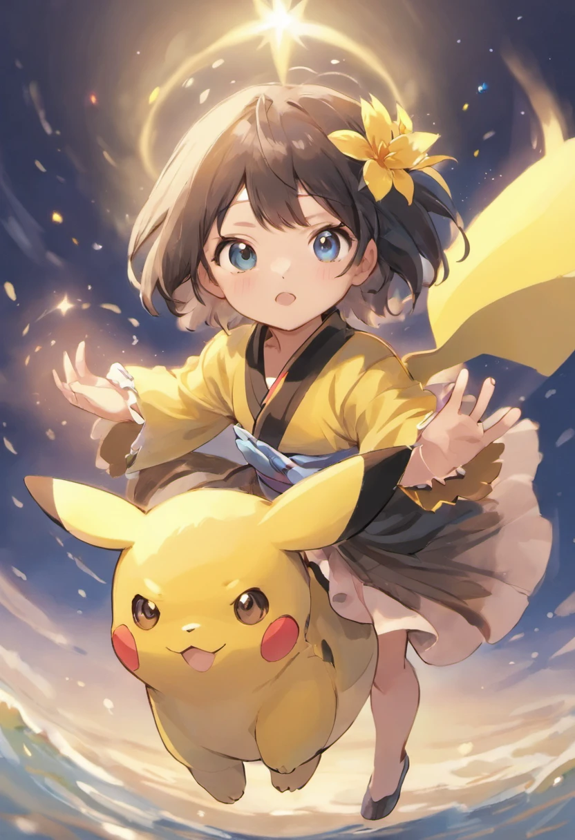 tmasterpiece,best qualtiy,ultra - detailed,Realistic portrait style illustration,A beautiful and cute 7 year old Japanese girl holding a Pokemon_The Poké Ball makes a throwing motion,Pikachu followed the little girl,Face the lens,No freckles,full bodyesbian,Dynamic pose,Random actions,Messy black short straight hair,Heterochromia eyes,Heteropupil,with long bangs,flower,hair flower,hair adornments,leafs,flatchest,is shy,ssmile,Wear colorful kimonos,Rich in patterns,standing on one leg,with fair skin,miko,Perfect lighting,Perfect calf curve,Barefoot,Cute perfect little feet,Wearing clogs,the night,the sea,Bright moonlight,depth of fields,soft shade,vivd colour,Fresh and lively scenery,独奏,sandbeach,Recife,The tree,Shoot at medium distance