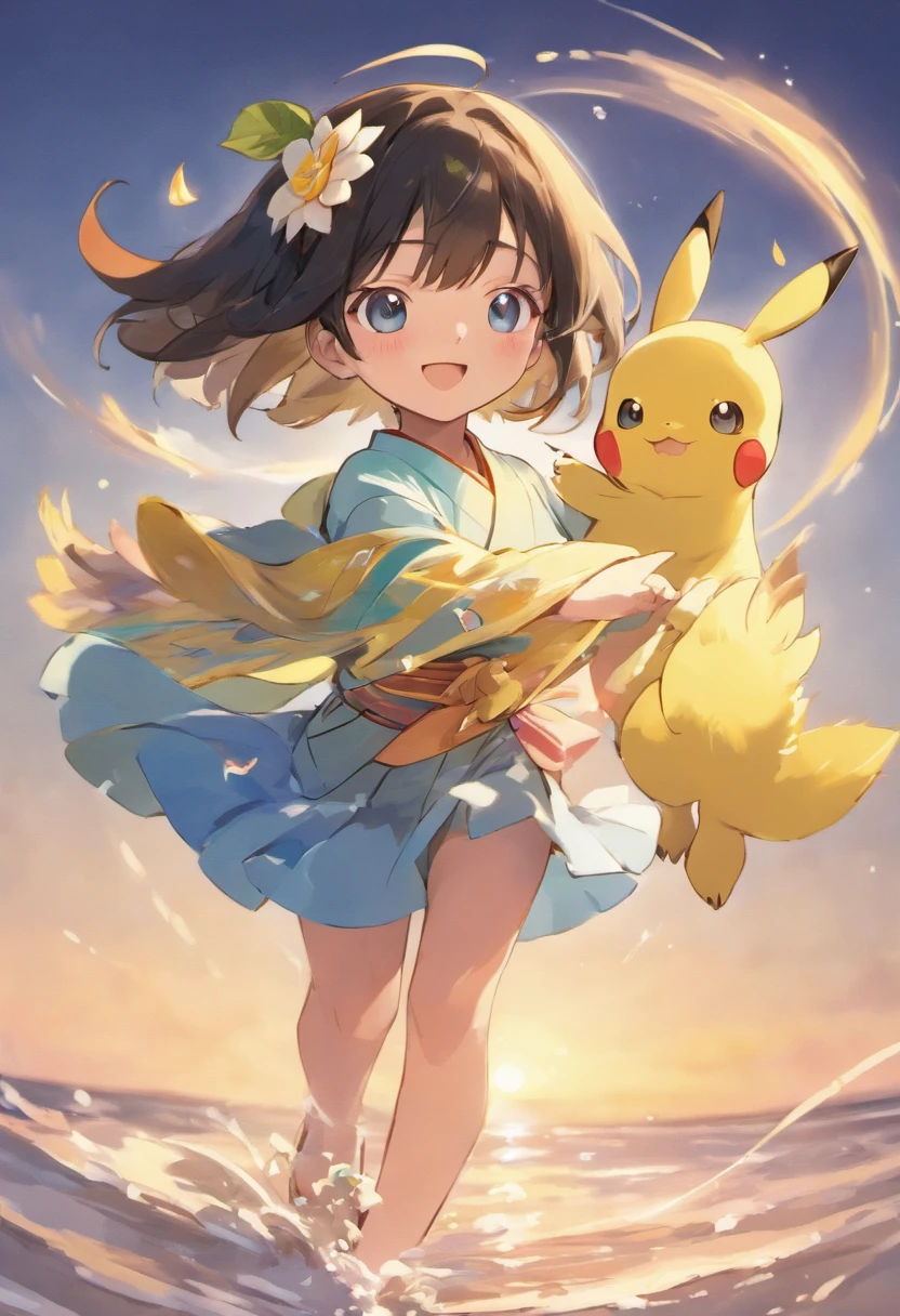 tmasterpiece,best qualtiy,ultra - detailed,Realistic portrait style illustration,A beautiful and cute 7 Japanese girl holding a Pokemon_The Poké Ball makes a throwing motion,Pikachu followed the little gce the lens,No freckles,full bodyesbian,Dynamic pose,Random actions,Messy black short straight hair,Heterochromia eyes,Heteropupil,with long bangs,flower,hair flower,hair adornments,leafs,flatchest,is shy,ssmile,Wear colorful kimonos,Rich in patterns,standing on one leg,with fair skin,miko,Perfect lighting,Perfect calf curve,Barefoot,Cute perfect little feet,Wearing clogs,the night,the sea,Bright moonlight,depth of fields,soft shade,vivd colour,Fresh and lively scenery,独奏,sandbeach,Recife,The tree,Shoot at medium distance