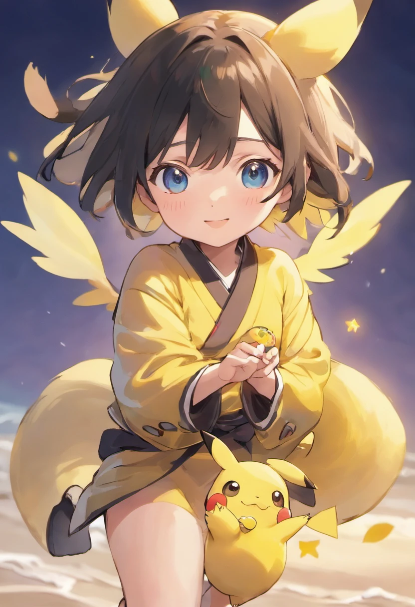 tmasterpiece，best qualtiy，ultra - detailed，Realistic portrait style illustration，A beautiful and cute 7 year old Japanese girl holding a Pokemon_The Poké Ball makes a throwing motion，Pikachu followed the little girl，Face the lens，No freckles，full bodyesbian，Dynamic pose，Random actions，Messy black short straight hair，Heterochromia eyes，Heteropupil，with long bangs，flower，hair flower，hair adornments，leafs，flatchest，is shy，ssmile，Wear colorful kimonos，Rich in patterns，standing on one leg，with fair skin，miko，Perfect lighting，Perfect calf curve，Barefoot，Cute perfect little feet，Wearing clogs，the night，the sea，Bright moonlight，depth of fields，soft shade，vivd colour，Fresh and lively scenery，独奏，sandbeach，Recife，The tree，Shoot at medium distance