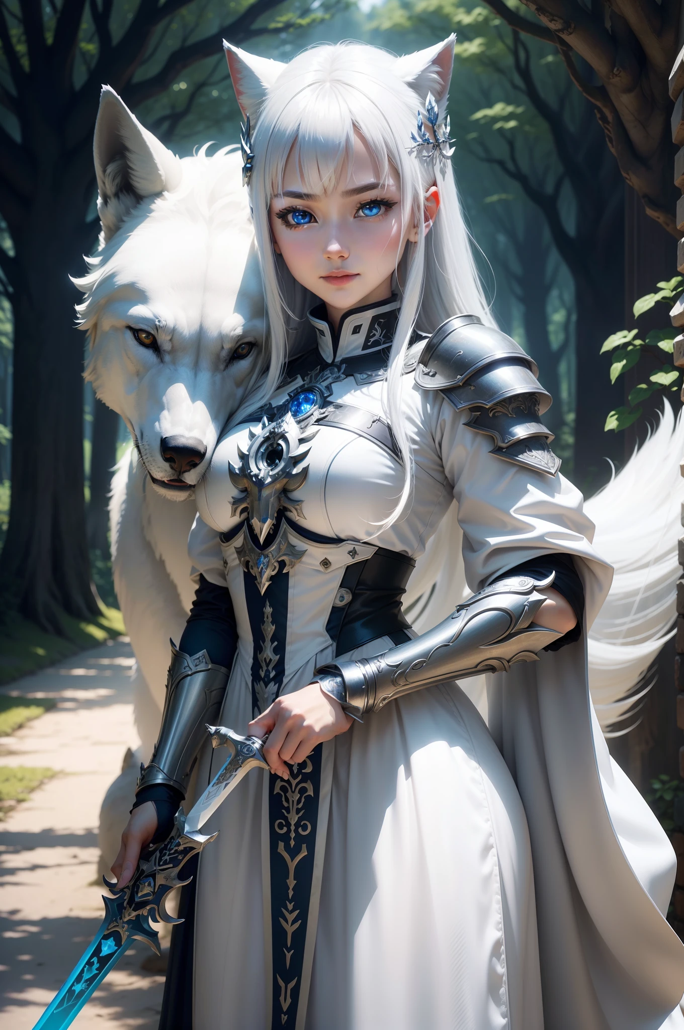 Bright and refreshing space、White is the key.、Smiling kindly、peaceful、Tiere、Not a person、unmanned、in woods、White Wolf、cyborgs、Metal Wolf、Have a beautiful sword、Shining blue eyes、1bolt、(intricate-detail)、nffsw、(intricate-detail、ultra-detailliert:1.2)、Cinematic shots、vignettes、central,、top grade、Eyes are clear、The sword shines