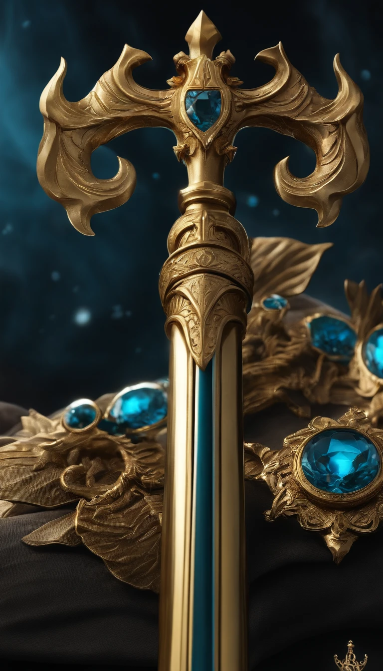 Poseidon's weapons,Poseidon Scepter,trident,Legendary equipment,well decorated,Close-up at medium range