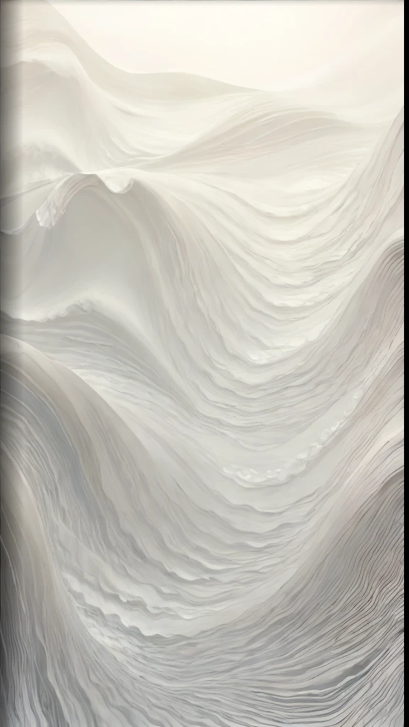 In the middle of a painting there is a large white wave, fine swirling lines, rippled white landscape, Flowing lines, foamy waves, flowing forms, abstract white fluid, folds, Soft lines, stunning lines, fractal waves, layered paper art, fluid lines, 4K detailed digital art, flowing material, interacte smooth flowing lines