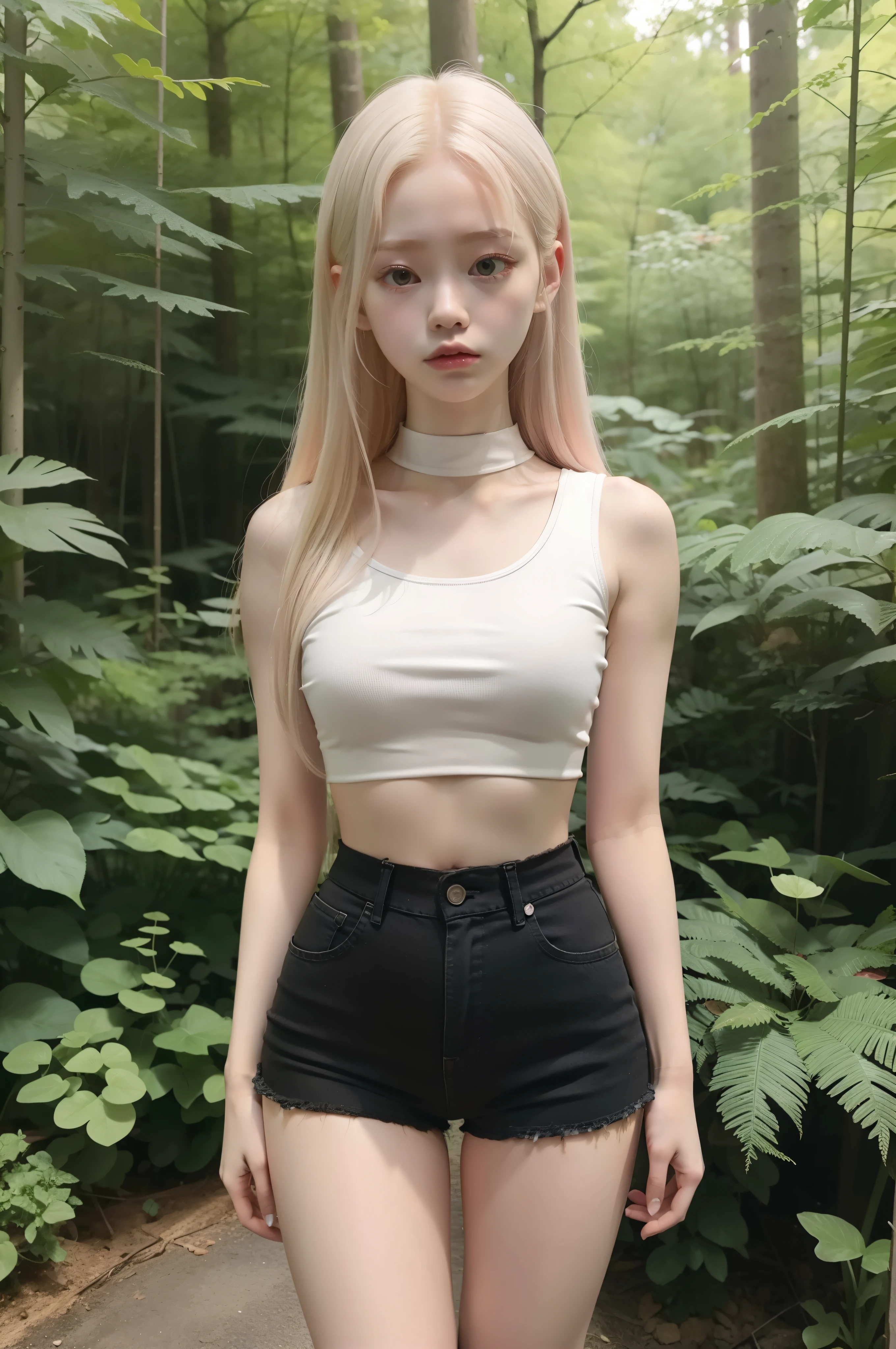 full body, albino kim chaewon in a tight outfit, albino girl, ((red eyes)), ****, ************ korean petite young girl in a dark forest, dark creepy forest, petite albino girl, small breast, petite figure, long white hair, ripped tight crop top shirt that expose midriff, ripped tight white shorts, midriff exposed, small tits, ((thin-waist)), a small face