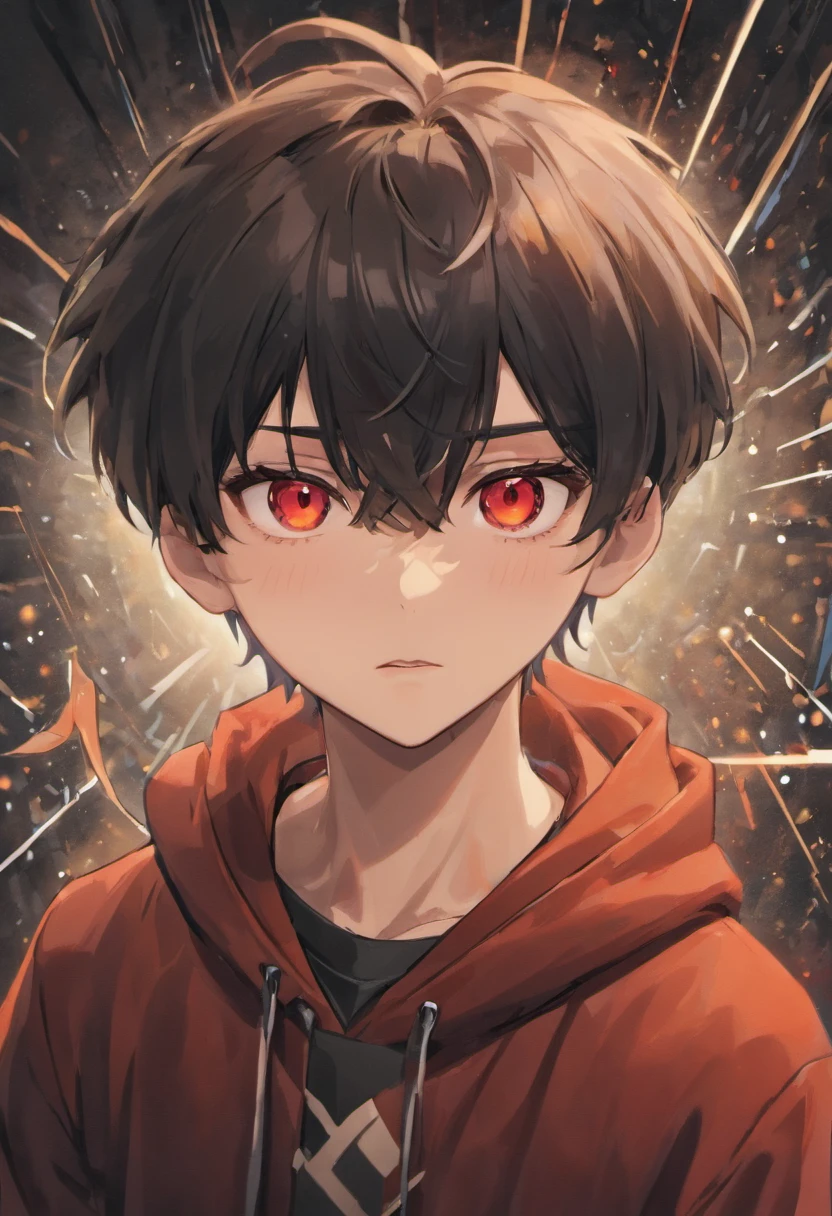 A young man in his s，with fair skin, Red eyes, Eye details high quality 4k，Black hair,Double bangs wear a hoodie，Sit in front of the computer，（Korean manga style）（（（tmasterpiece），（Very detailed CG unity 8k wallpaper），best qualtiy，独奏，1man，cinmatic lighting，detailed back ground，beatiful detailed eyes，Bright pupils，（very fine and beautiful），（Beautiful and detailed eye description），ultra - detailed，tmasterpiece，））Sharp focus, Dramatic，The art of painting by Midjourney and Greg Rutkowski, Bokeh on the background，high high quality，4k