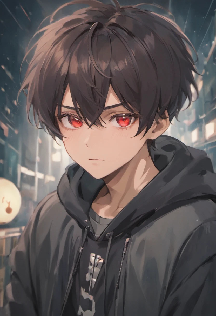 A young man in his 16s，with fair skin, Red eyes, Eye details high quality 4k，Black hair,Double bangs wear a hoodie，Sit in front of the computer，（Korean manga style）（（（tmasterpiece），（Very detailed CG unity 8k wallpaper），best qualtiy，独奏，1man，cinmatic lighting，detailed back ground，beatiful detailed eyes，Bright pupils，（very fine and beautiful），（Beautiful and detailed eye description），ultra - detailed，tmasterpiece，））Sharp focus, Dramatic，The art of painting by Midjourney and Greg Rutkowski, Bokeh on the background，high high quality，4k