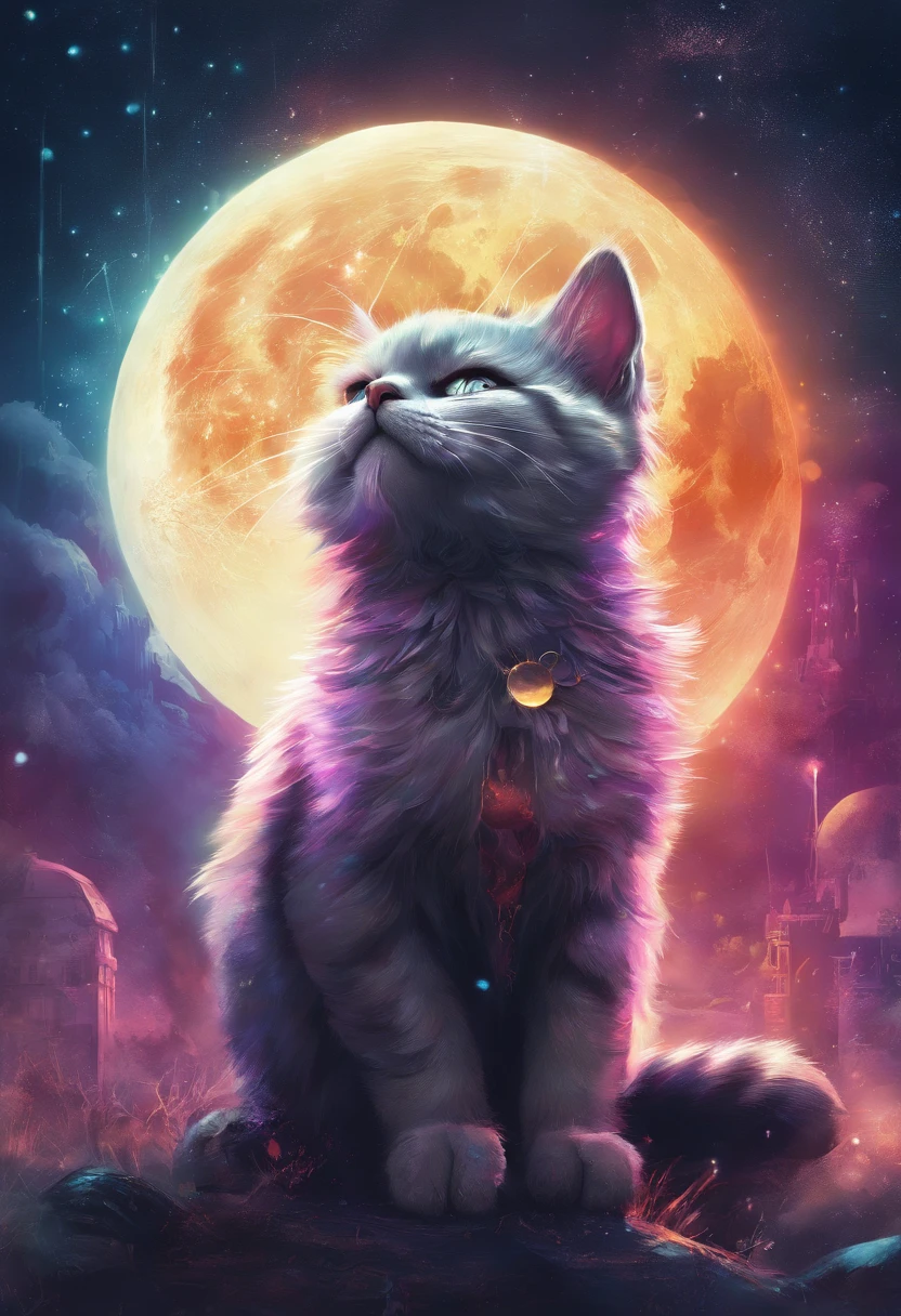 A fantastical scene of a cat playing with the moon, its fur shimmering in a 3D world of vibrant colors and textures.