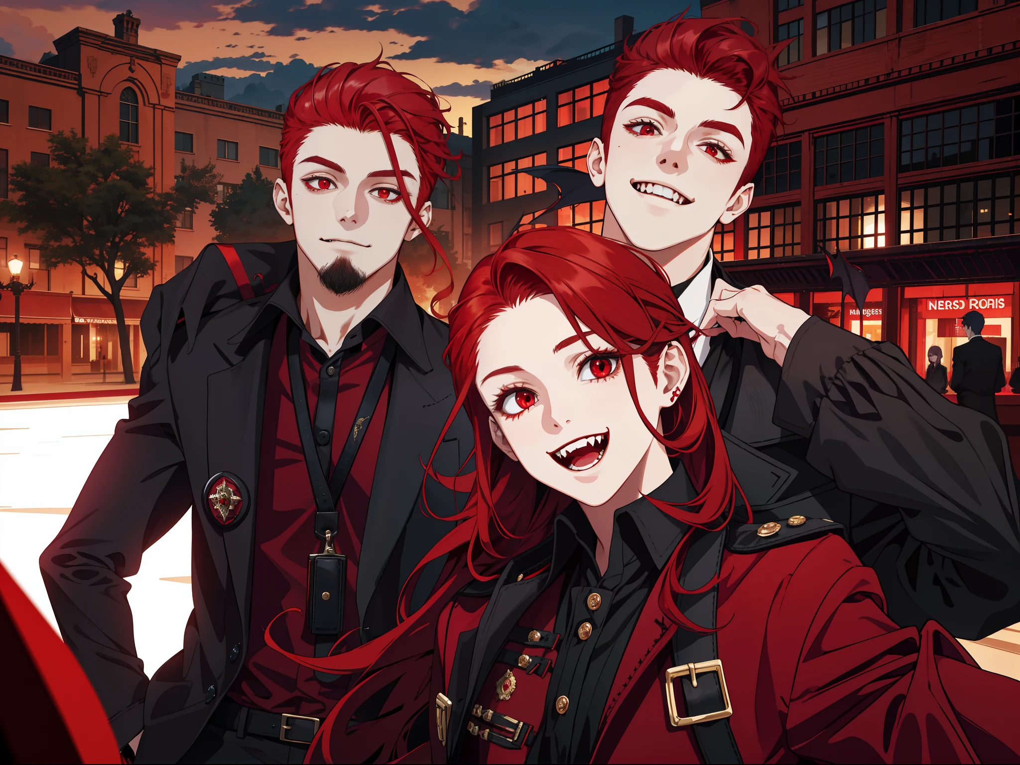masterpiece, best quality, highres, 1girl, solo, modern vampire, red hair girl, long hair, open hair, red eyes, evil smile, 2 young boys on her both sides, both vampires with red hair, red and black outfit, scary background