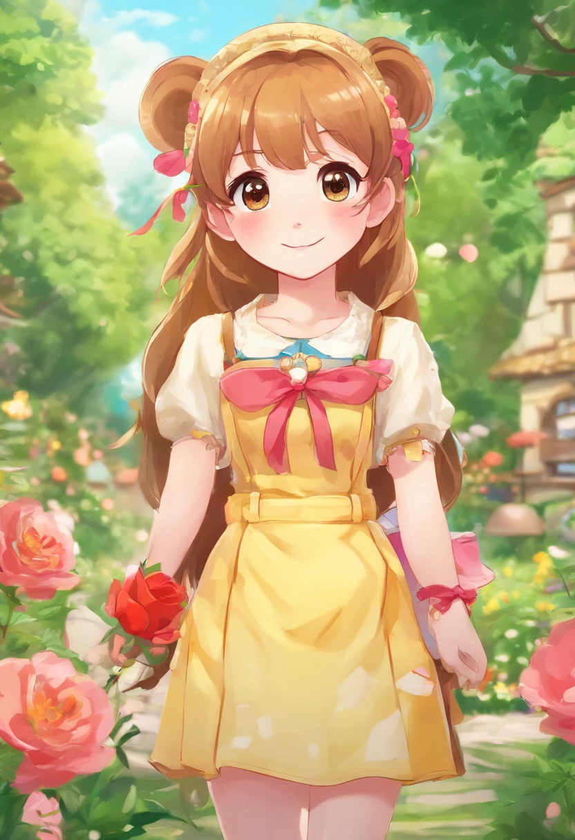 a girl in a yellow dress standing in a garden, a storybook illustration, inspired by Claire Hummel, deviantart contest winner, mobile game background, rose garden, portrait young girl, 4k detailed art, yellow overall, cartoon style illustration, girl with brown hair, rose twining, little girl, amy sol in the style of, highres, child hybrid