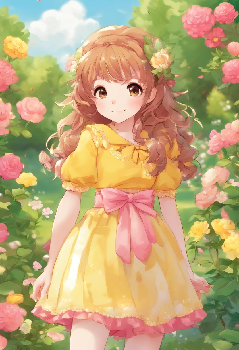 a girl in a yellow dress standing in a garden, a storybook illustration, inspired by Claire Hummel, deviantart contest winner, mobile game background, rose garden, portrait young girl, 4k detailed art, yellow overall, cartoon style illustration, girl with brown hair, rose twining, little girl, amy sol in the style of, highres, child hybrid