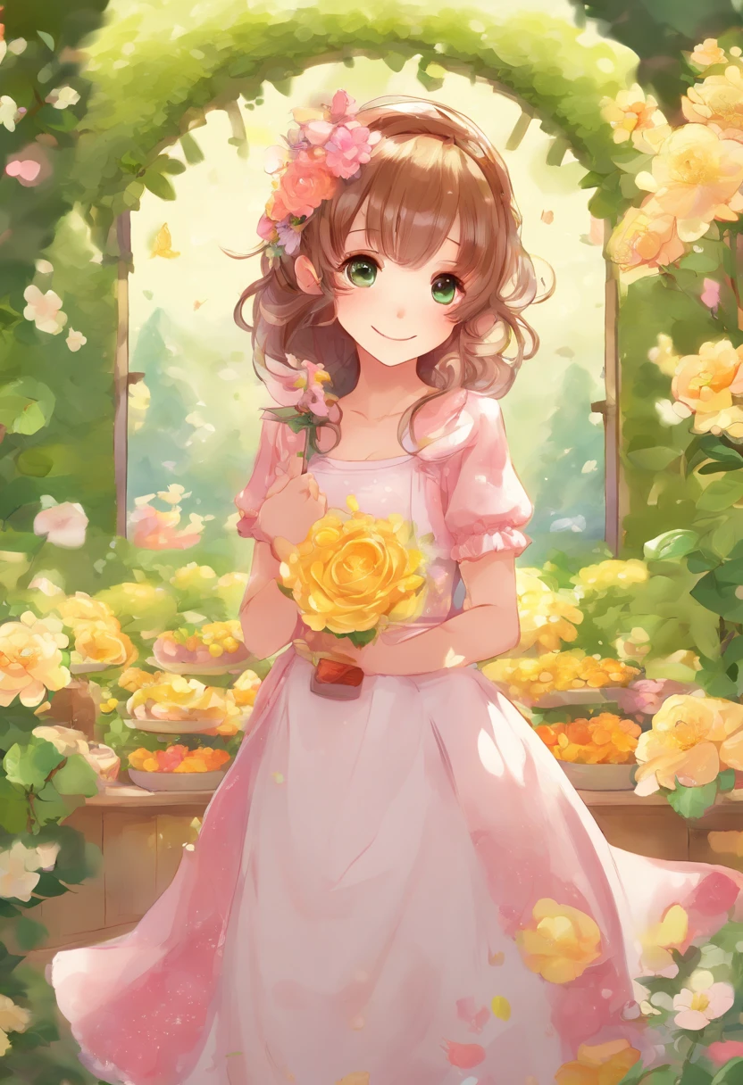 a girl in a yellow dress standing in a garden, a storybook illustration, inspired by Claire Hummel, deviantart contest winner, mobile game background, rose garden, portrait young girl, 4k detailed art, yellow overall, cartoon style illustration, girl with brown hair, rose twining, little girl, amy sol in the style of, highres, child hybrid