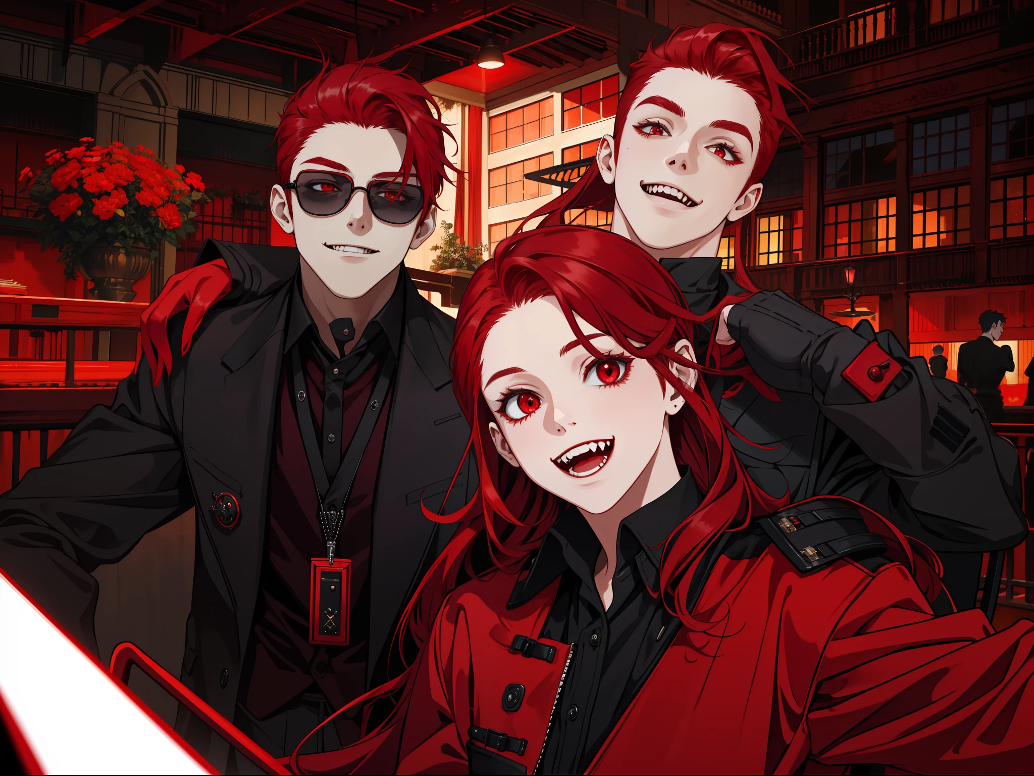 masterpiece, best quality, highres, 1girl, solo, modern vampire, red hair girl, long hair, open hair, red eyes, evil smile, 2 young boys on her both sides, both vampires with red hair, red and black outfit, scary background