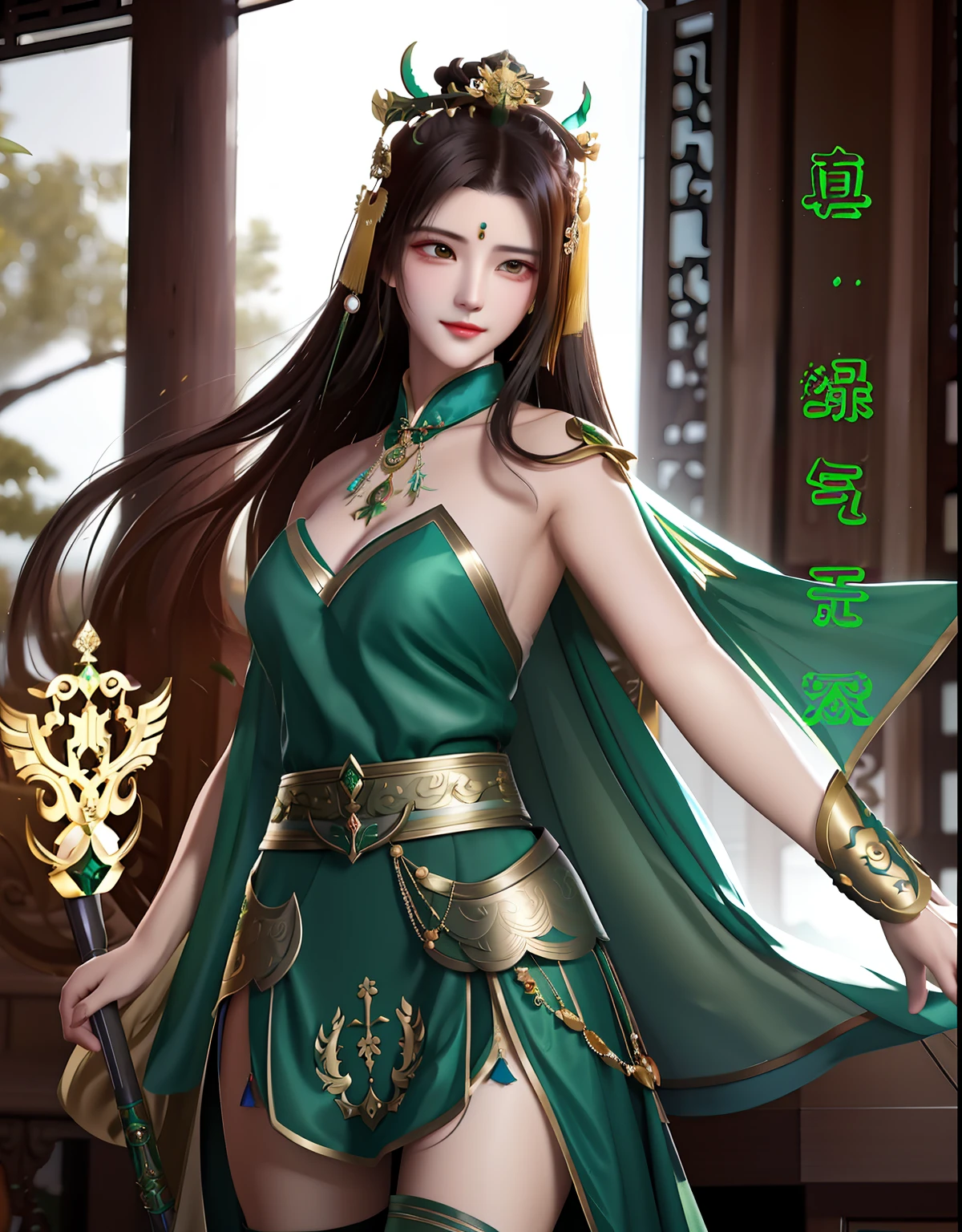A woman in a green dress and gold accessories poses for a photo, a beautiful fantasy empress, xianxia hero, full-body xianxia, inspired by Du Qiong, xianxia fantasy, Xianxia, ((a beautiful fantasy empress)), inspired by Ju Lian, Guan yu, queen of the sea mu yanling, Inspired by Lan Ying
